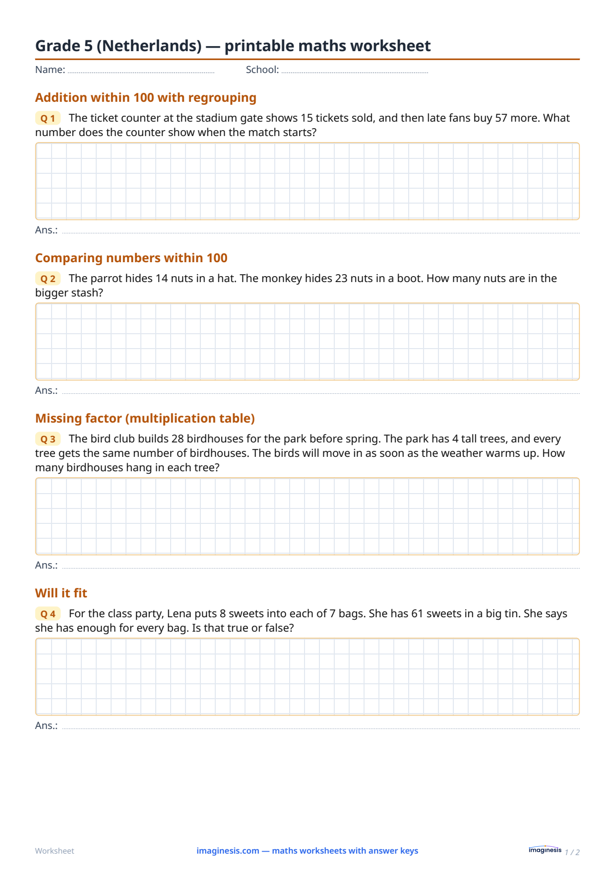 Grade 5 (Netherlands) — printable math worksheet — Student sheet: printable math worksheet (Grade 5, Netherlands)