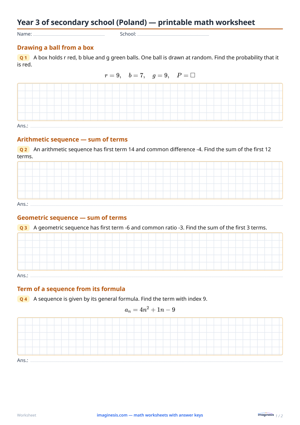 Year 3 of secondary school (Poland) — printable math worksheet — Student sheet: printable math worksheet (Year 3 of secondary school, Poland)