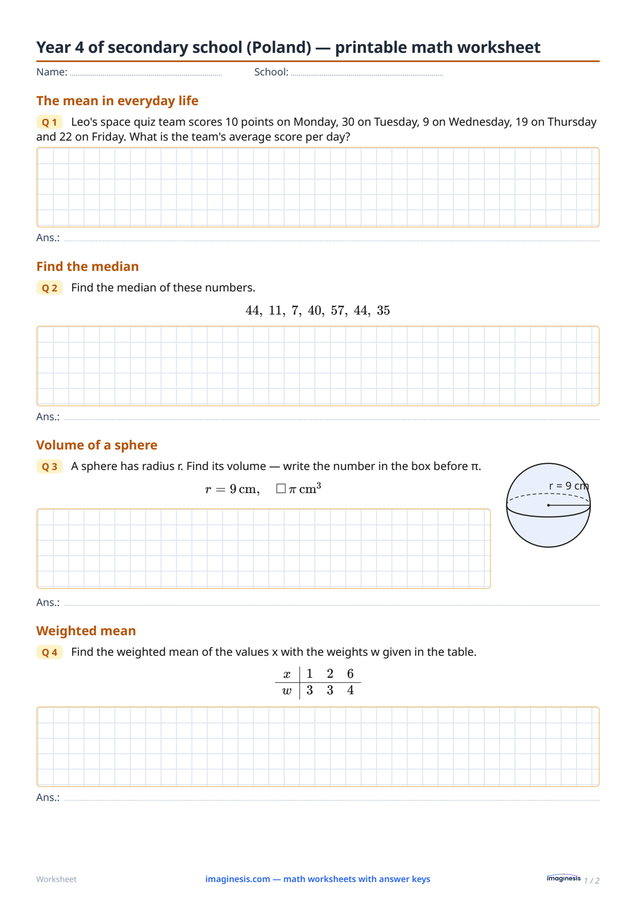 Year 4 of secondary school (Poland) — printable math worksheet — Student sheet: printable math worksheet (Year 4 of secondary school, Poland)