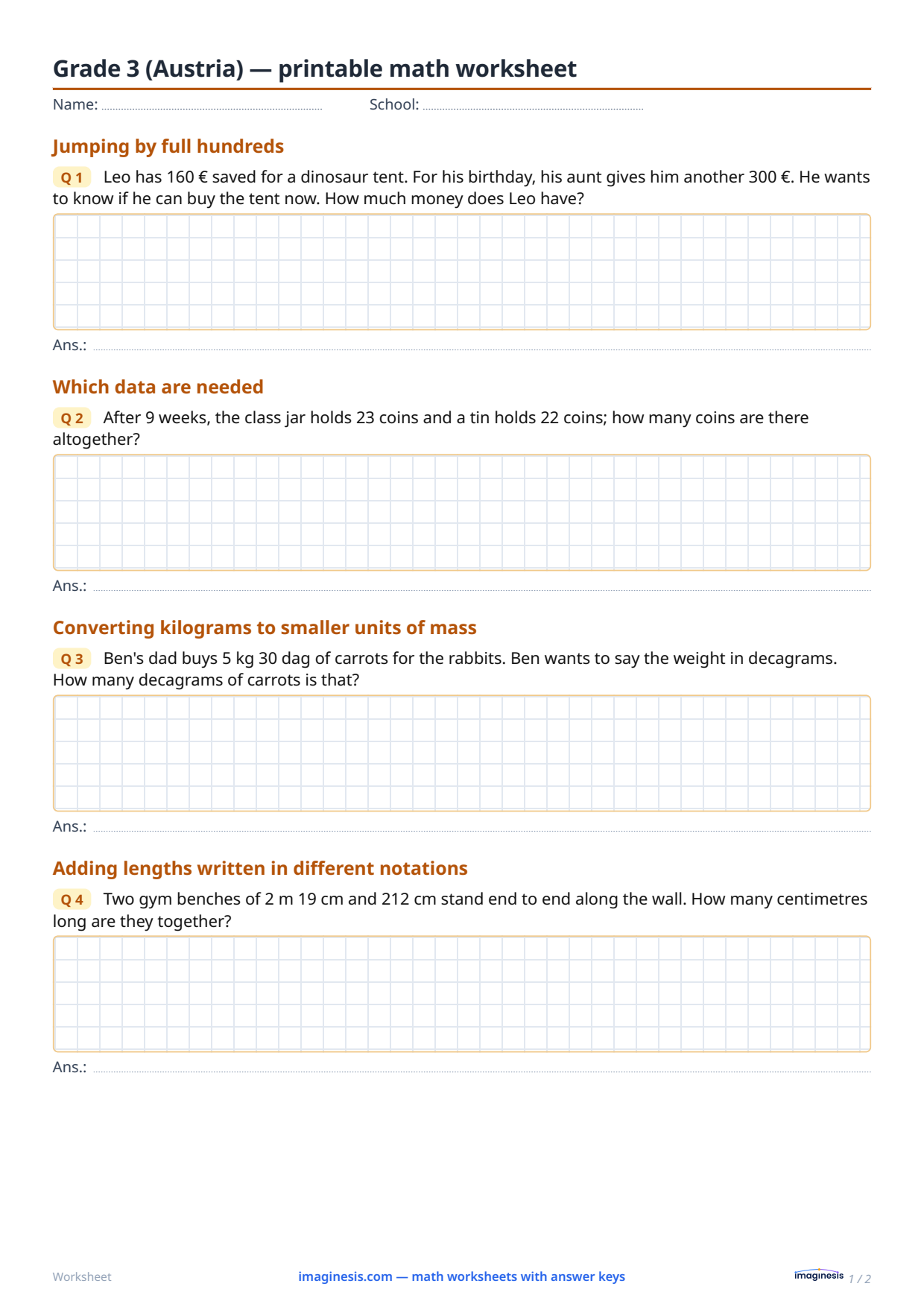 Grade 3 (Austria) — printable math worksheet — Student sheet: printable math worksheet (Grade 3, Austria)