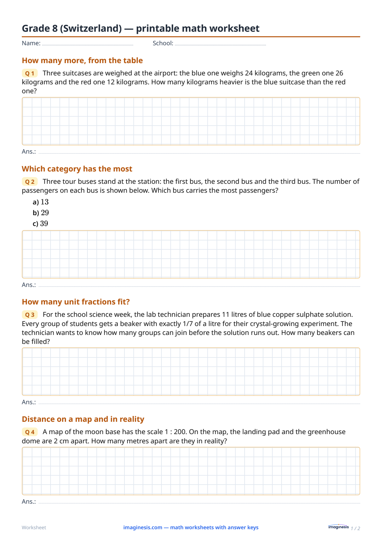 Grade 8 (Switzerland) — printable math worksheet — Student sheet: printable math worksheet (Grade 8, Switzerland)