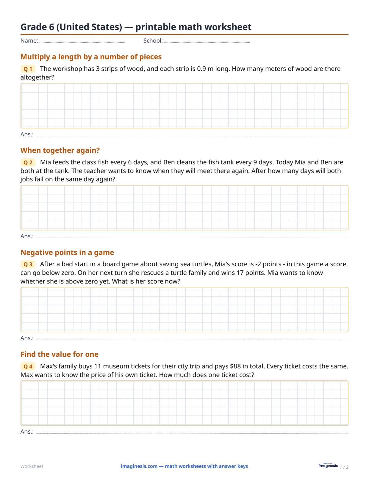 Grade 6 (United States) — printable math worksheet — Student sheet: printable math worksheet (Grade 6, United States)
