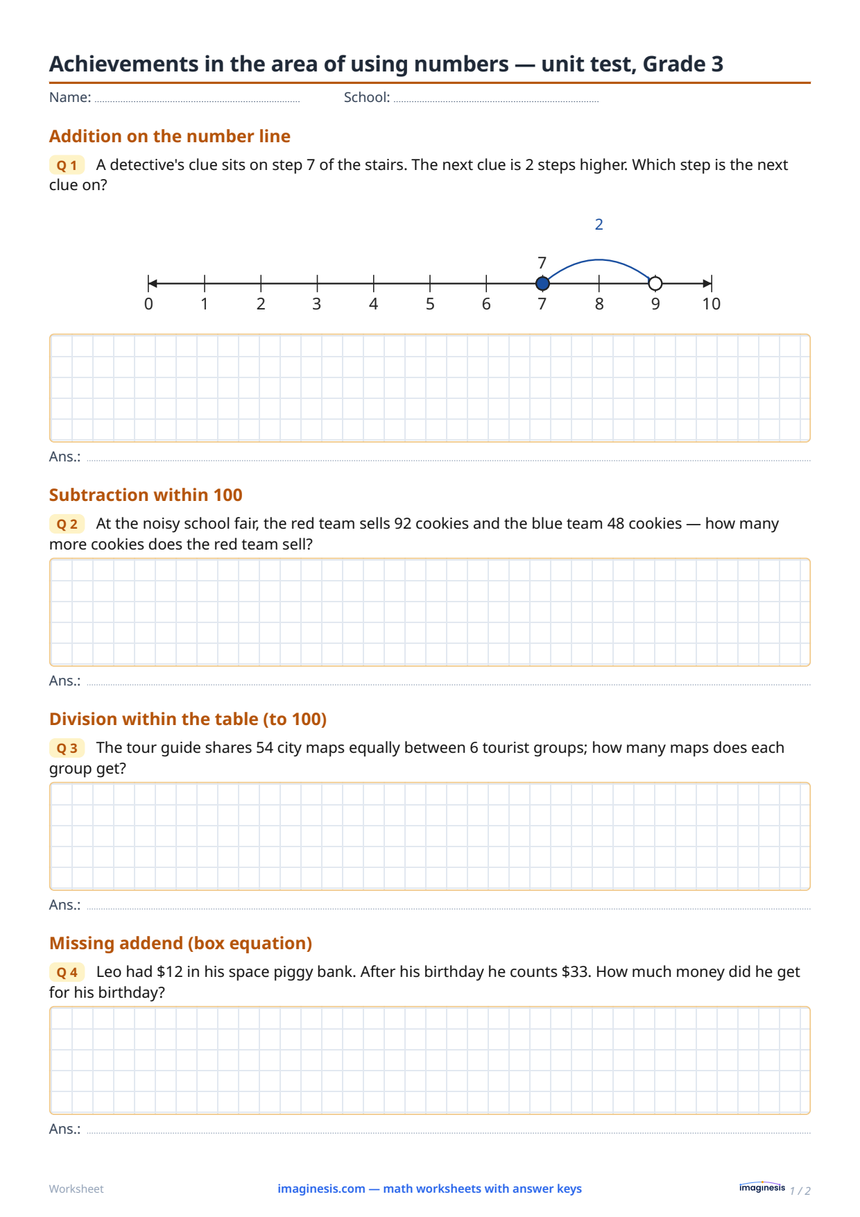 Achievements in the area of using numbers — unit test, Grade 3 — Student sheet: printable math worksheet (Grade 3, Poland)