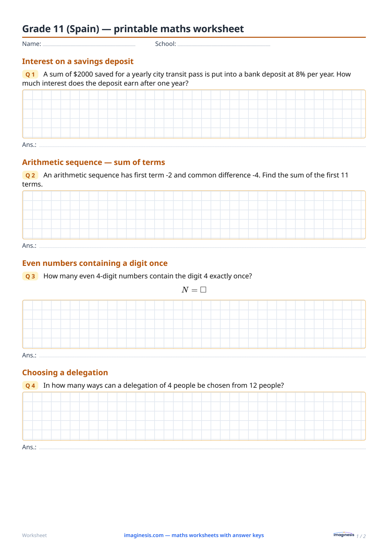 Grade 11 (Spain) — printable math worksheet — Student sheet: printable math worksheet (Grade 11, Spain)