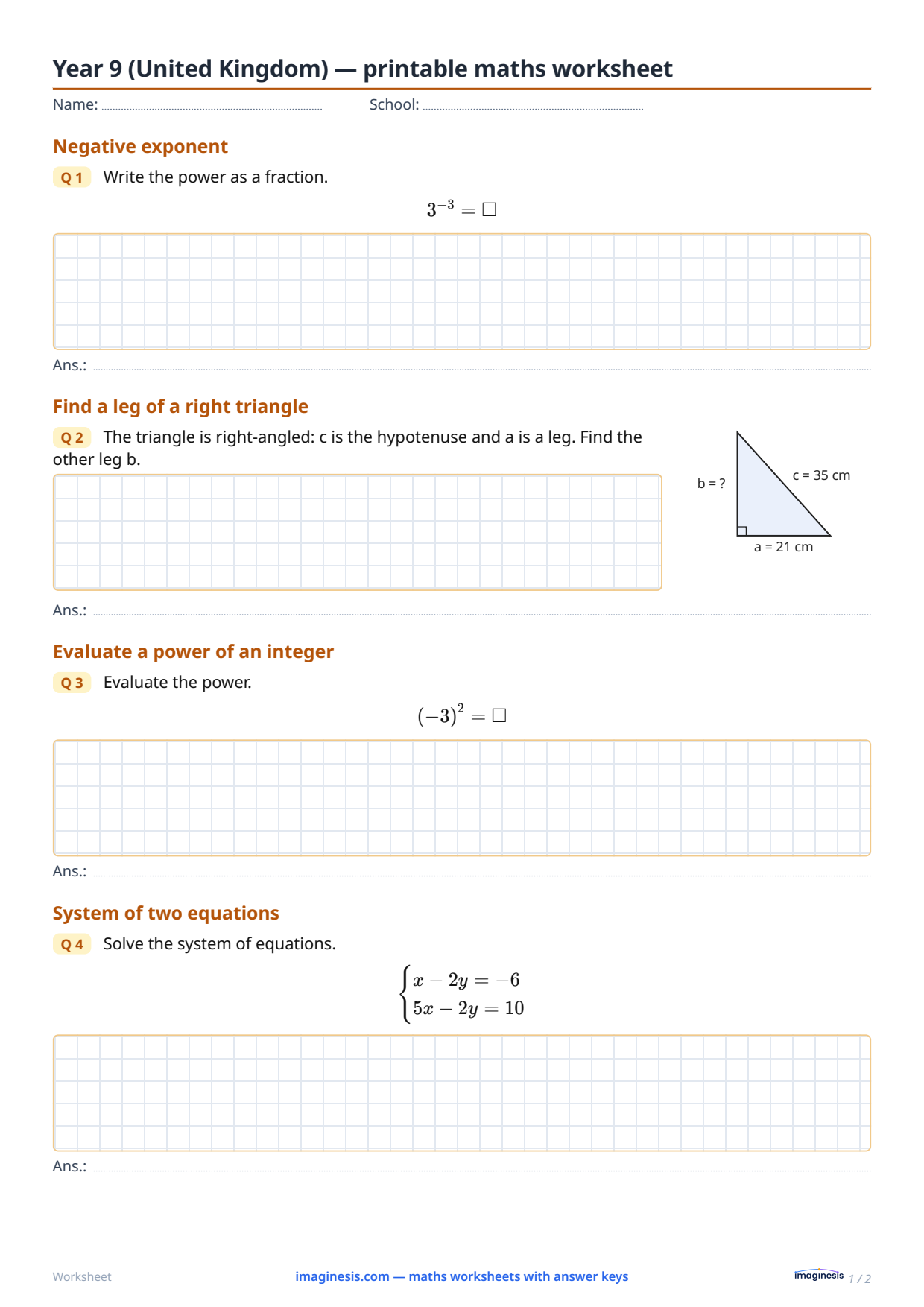Year 9 (United Kingdom) — printable maths worksheet — Student sheet: printable math worksheet (Year 9, United Kingdom)