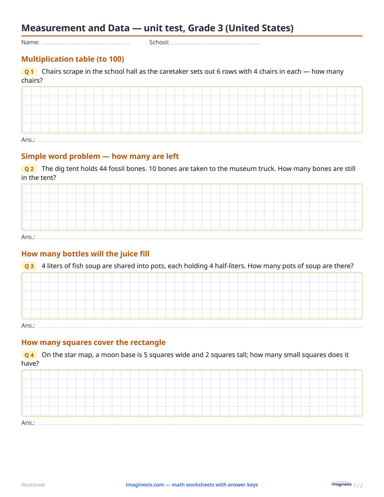 Measurement and Data — unit test, Grade 3 (United States) — Student sheet: printable math worksheet (Grade 3, United States)