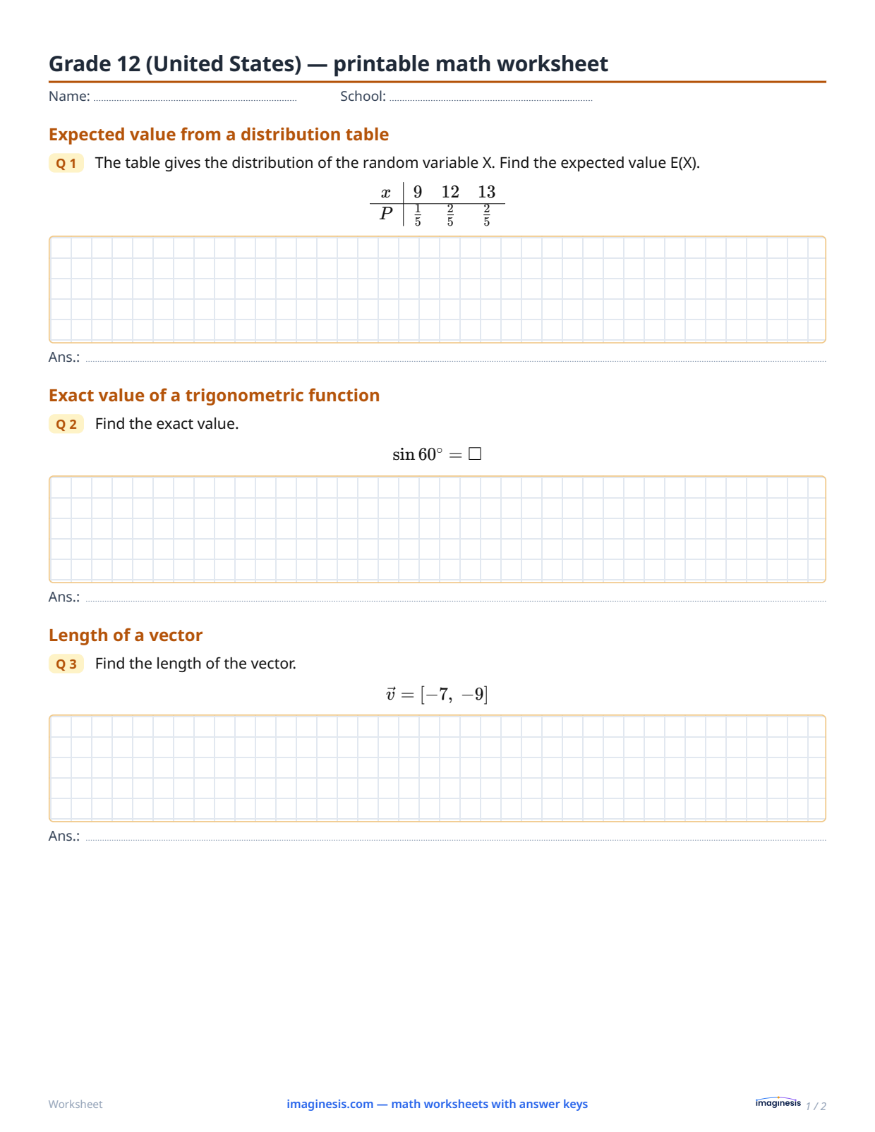 Grade 12 (United States) — printable math worksheet — Student sheet: printable math worksheet (Grade 12, United States)