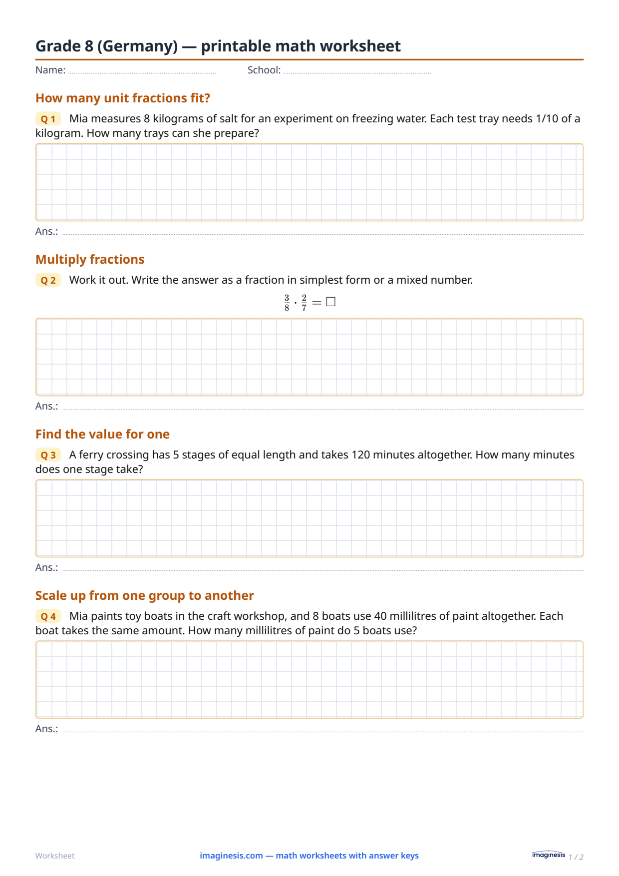 Grade 8 (Germany) — printable math worksheet — Student sheet: printable math worksheet (Grade 8, Germany)