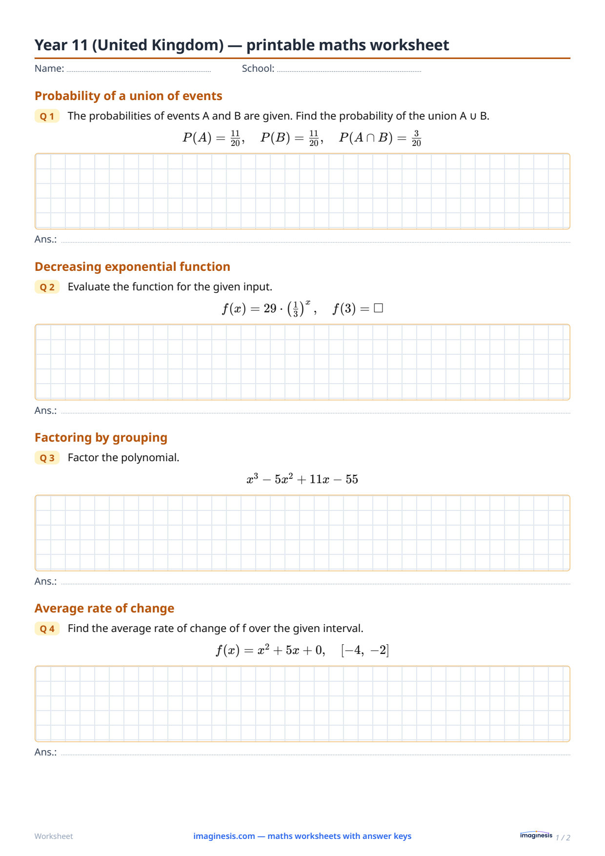 Year 11 (United Kingdom) — printable maths worksheet — Student sheet: printable math worksheet (Year 11, United Kingdom)