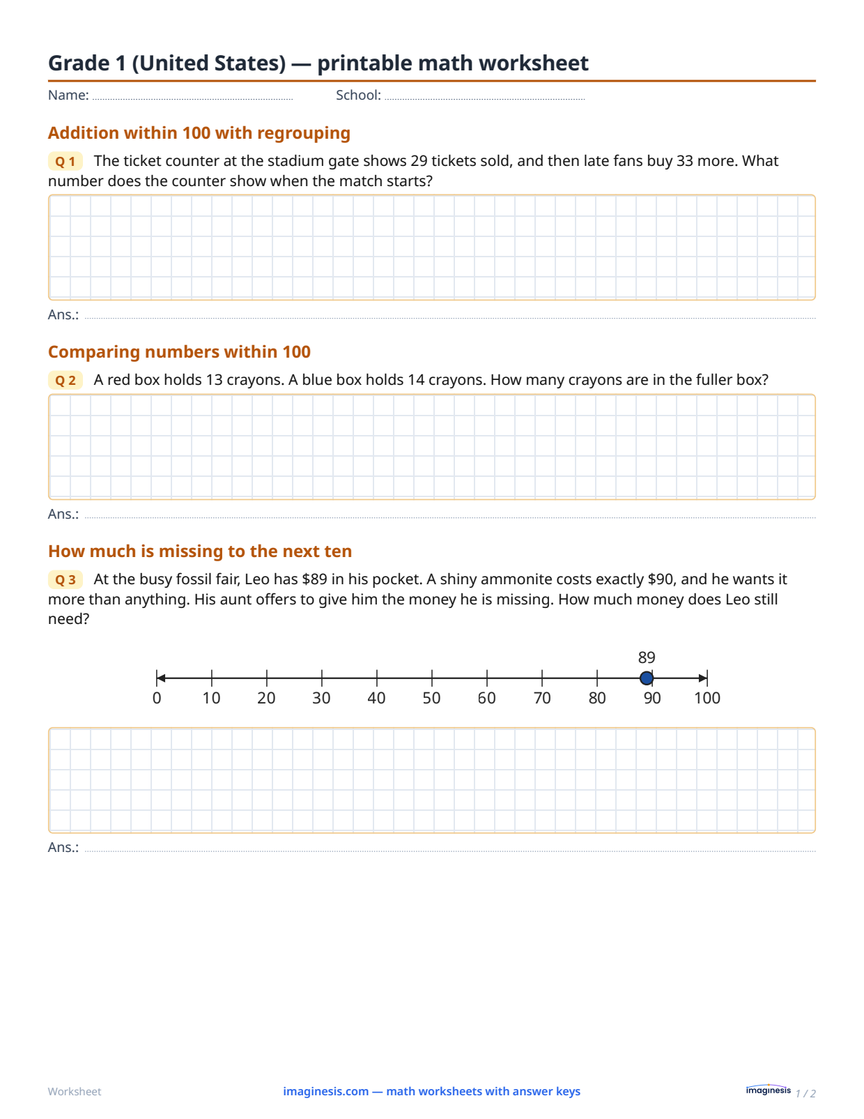 Grade 1 (United States) — printable math worksheet — Student sheet: printable math worksheet (Grade 1, United States)