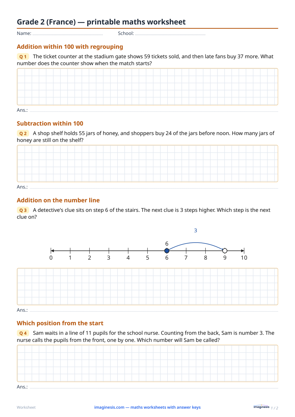 Grade 2 (France) — printable math worksheet — Student sheet: printable math worksheet (Grade 2, France)
