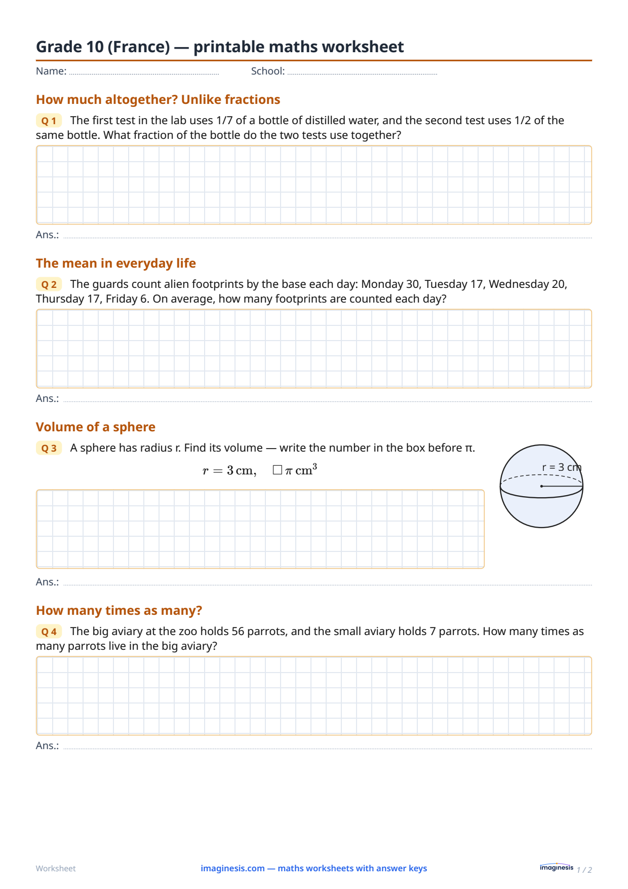 Grade 10 (France) — printable math worksheet — Student sheet: printable math worksheet (Grade 10, France)
