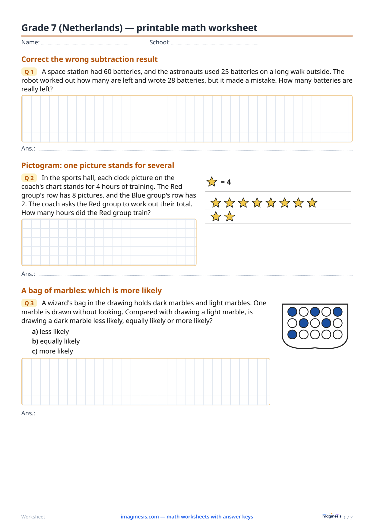 Grade 7 (Netherlands) — printable math worksheet — Student sheet: printable math worksheet (Grade 7, Netherlands)
