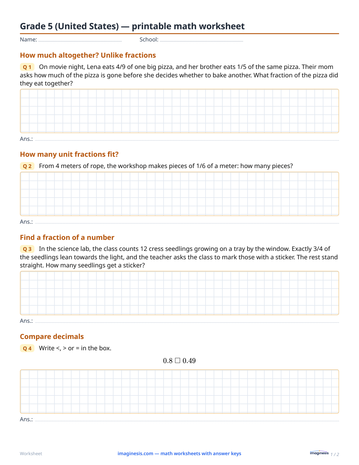 Grade 5 (United States) — printable math worksheet — Student sheet: printable math worksheet (Grade 5, United States)