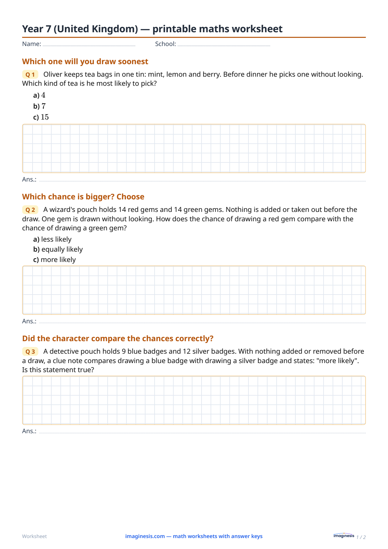 Year 7 (United Kingdom) — printable maths worksheet — Student sheet: printable math worksheet (Year 7, United Kingdom)
