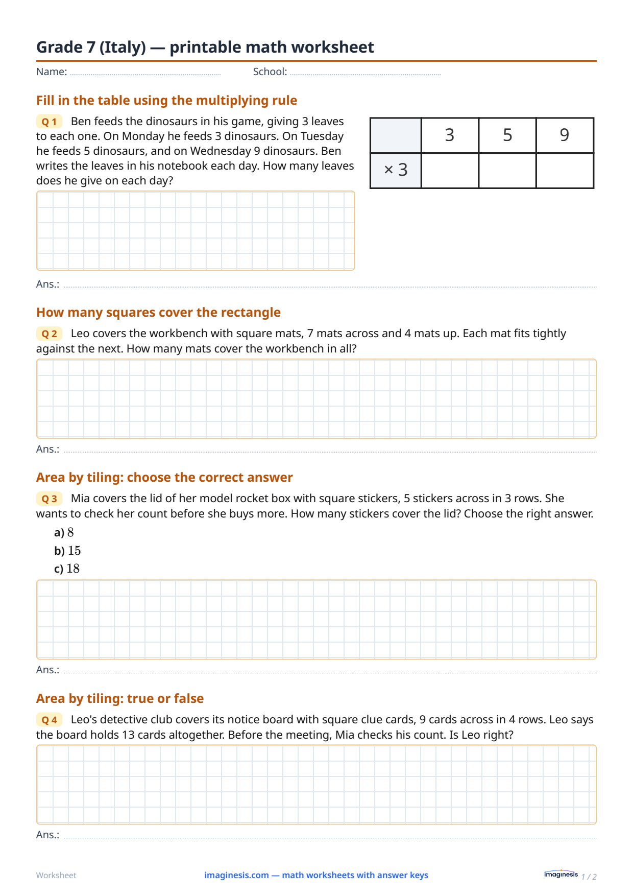 Grade 7 (Italy) — printable math worksheet — Student sheet: printable math worksheet (Grade 7, Italy)