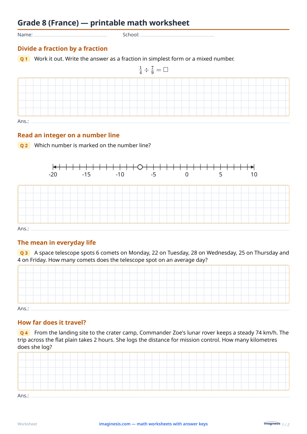 Grade 8 (France) — printable math worksheet — Student sheet: printable math worksheet (Grade 8, France)