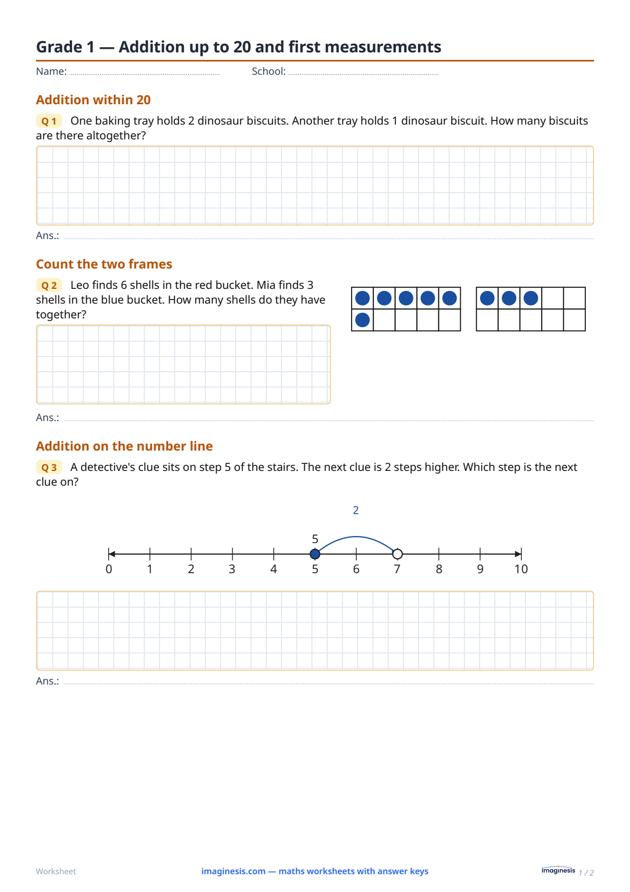 Grade 1 — Addition up to 20 and first measurements — Student sheet: printable math worksheet (Grade 1, Germany)