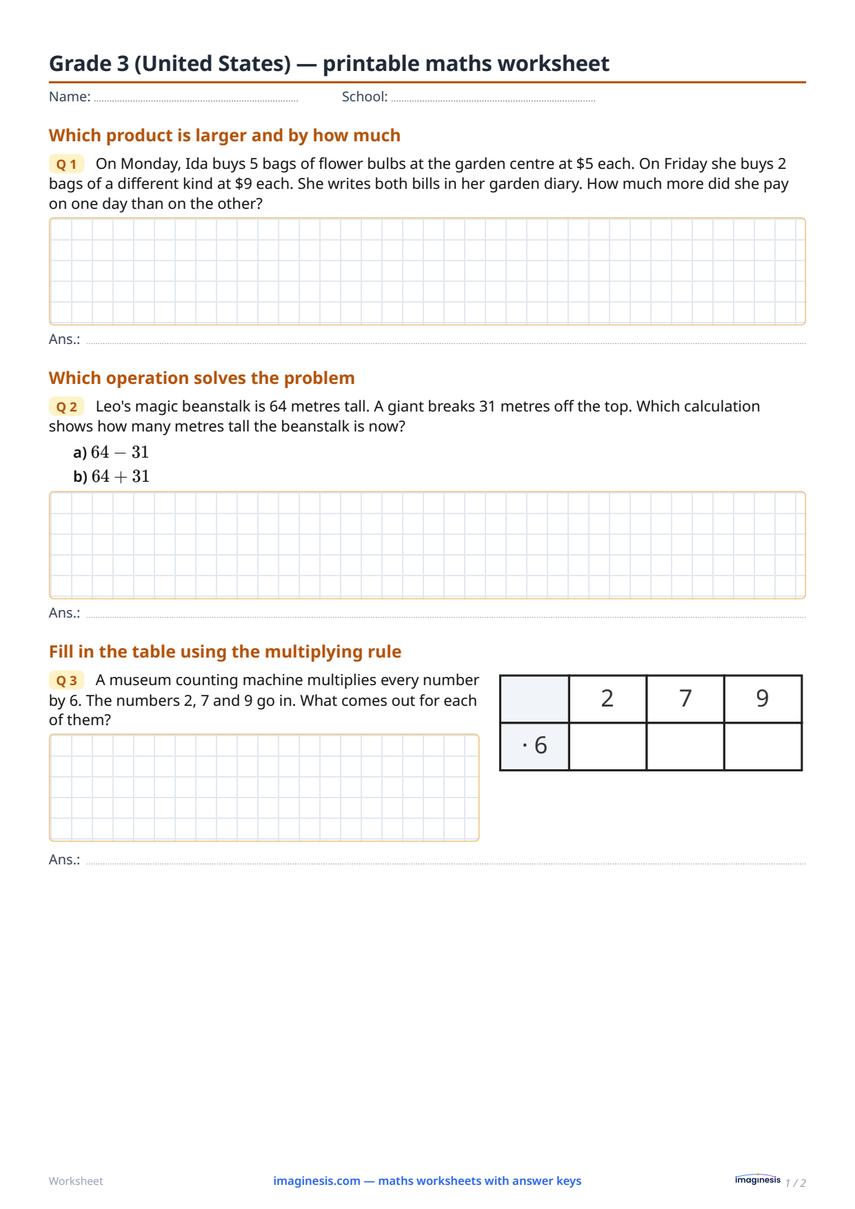 Grade 3 (United States) — printable math worksheet — Student sheet: printable math worksheet (Grade 3, United States)