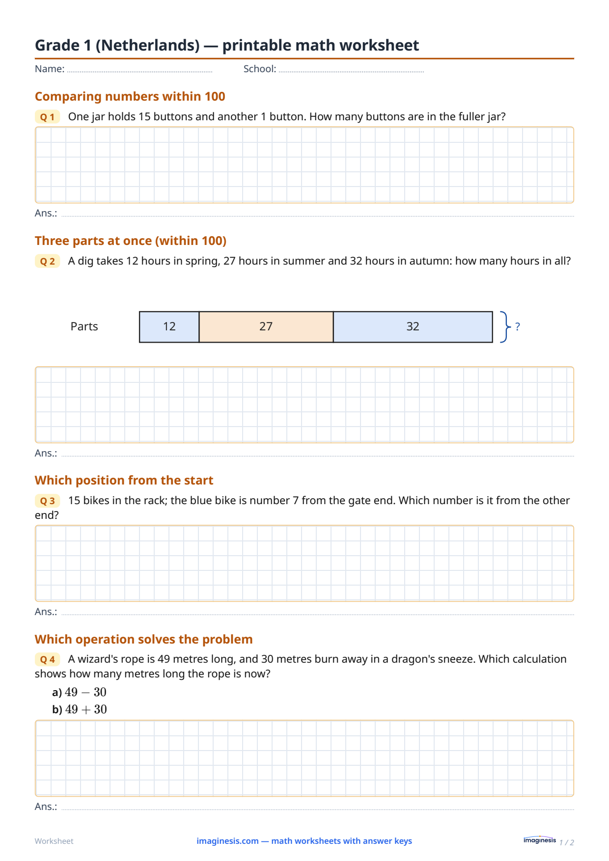 Grade 1 (Netherlands) — printable math worksheet — Student sheet: printable math worksheet (Grade 1, Netherlands)