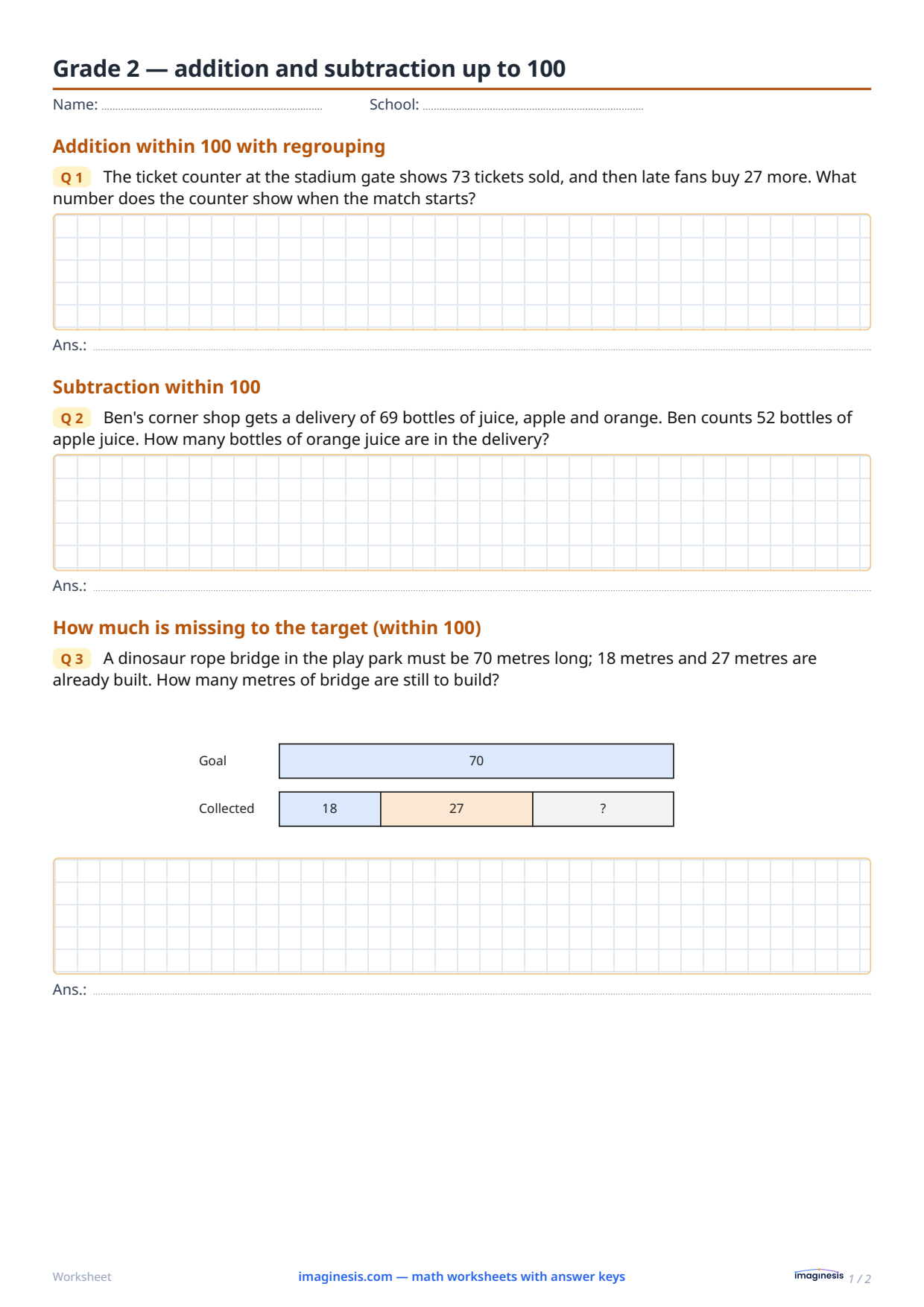 Grade 2 — addition and subtraction up to 100 — Student sheet: printable math worksheet (Grade 2, Poland)