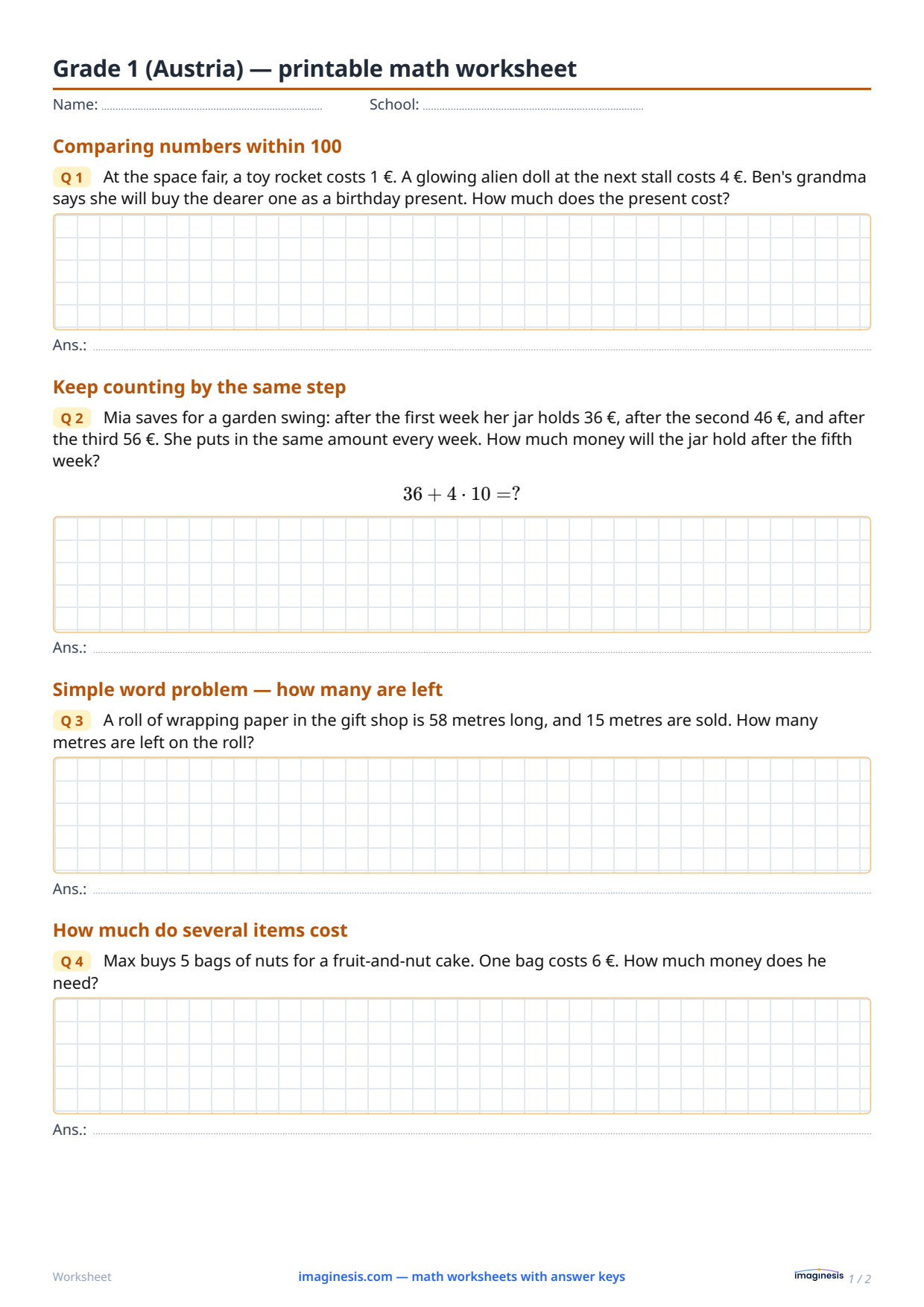 Grade 1 (Austria) — printable math worksheet — Student sheet: printable math worksheet (Grade 1, Austria)