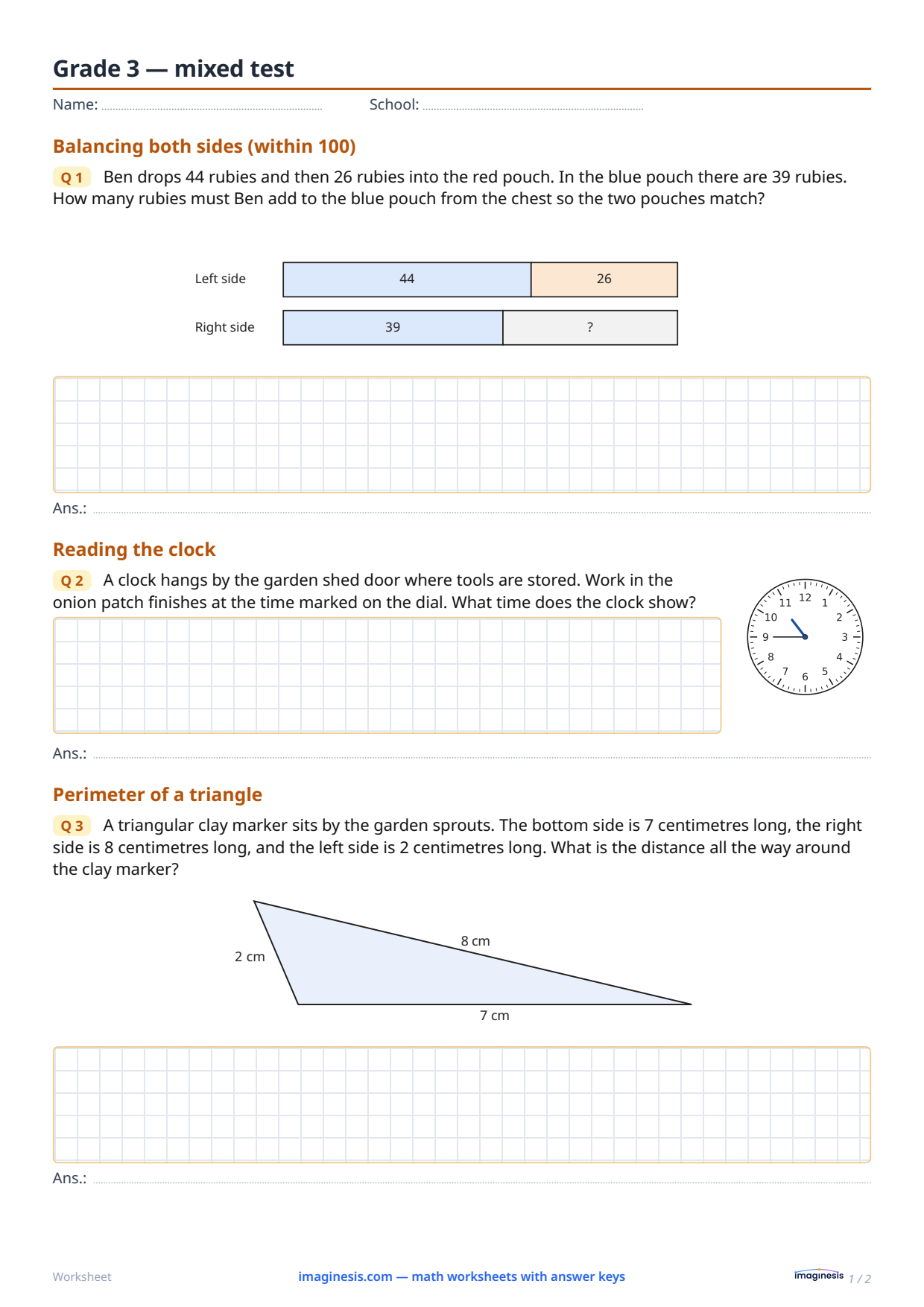 Grade 3 — mixed test — Student sheet: printable math worksheet (Grade 3, Poland)