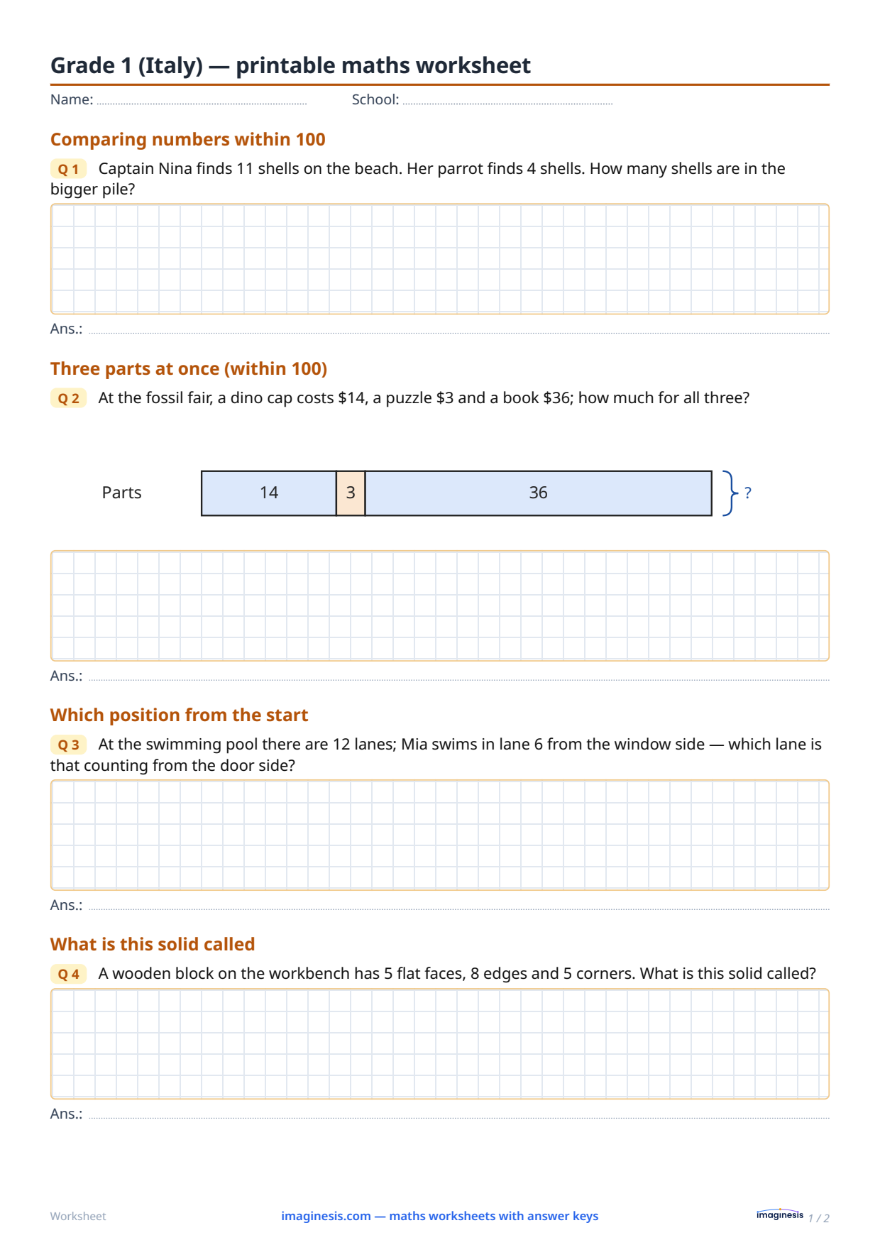 Grade 1 (Italy) — printable math worksheet — Student sheet: printable math worksheet (Grade 1, Italy)
