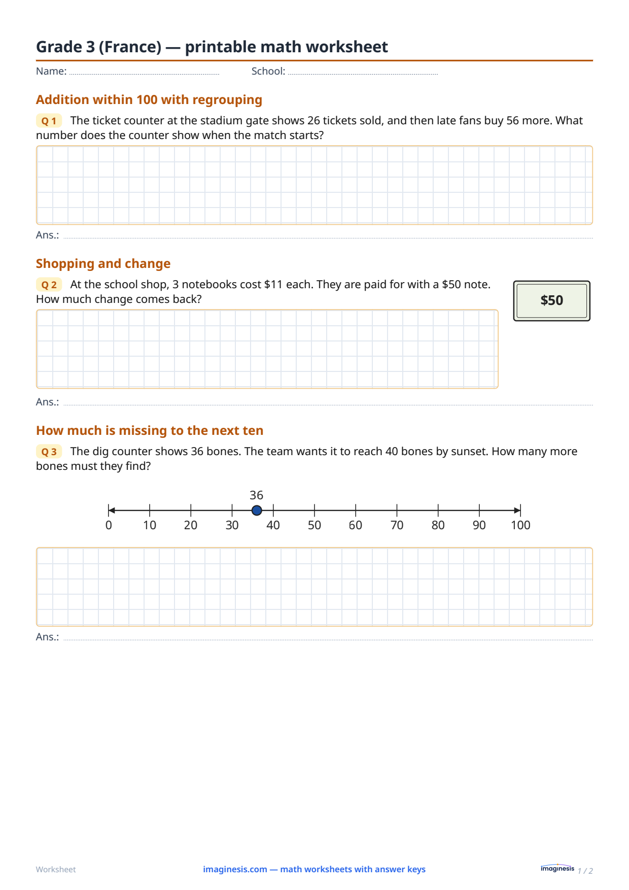 Grade 3 (France) — printable math worksheet — Student sheet: printable math worksheet (Grade 3, France)