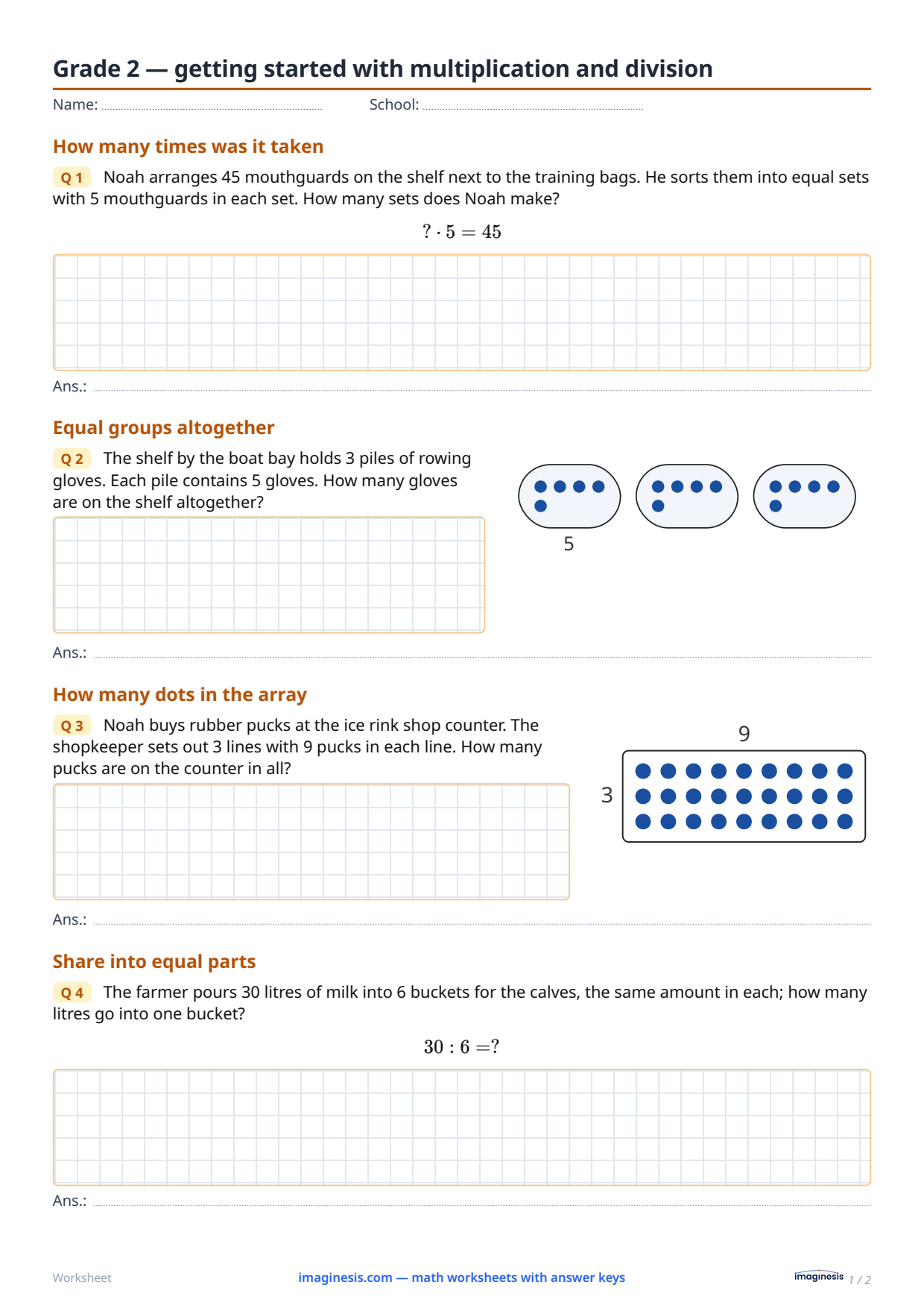 Grade 2 — getting started with multiplication and division — Student sheet: printable math worksheet (Grade 2, Poland)