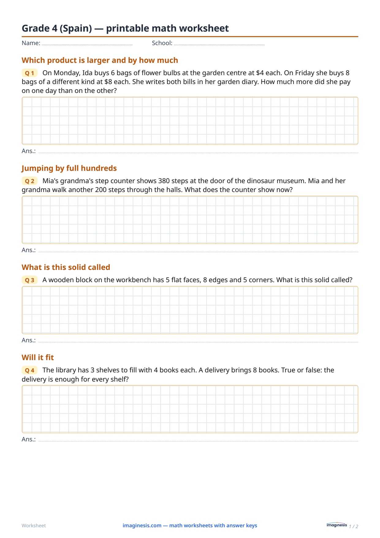 Grade 4 (Spain) — printable math worksheet — Student sheet: printable math worksheet (Grade 4, Spain)