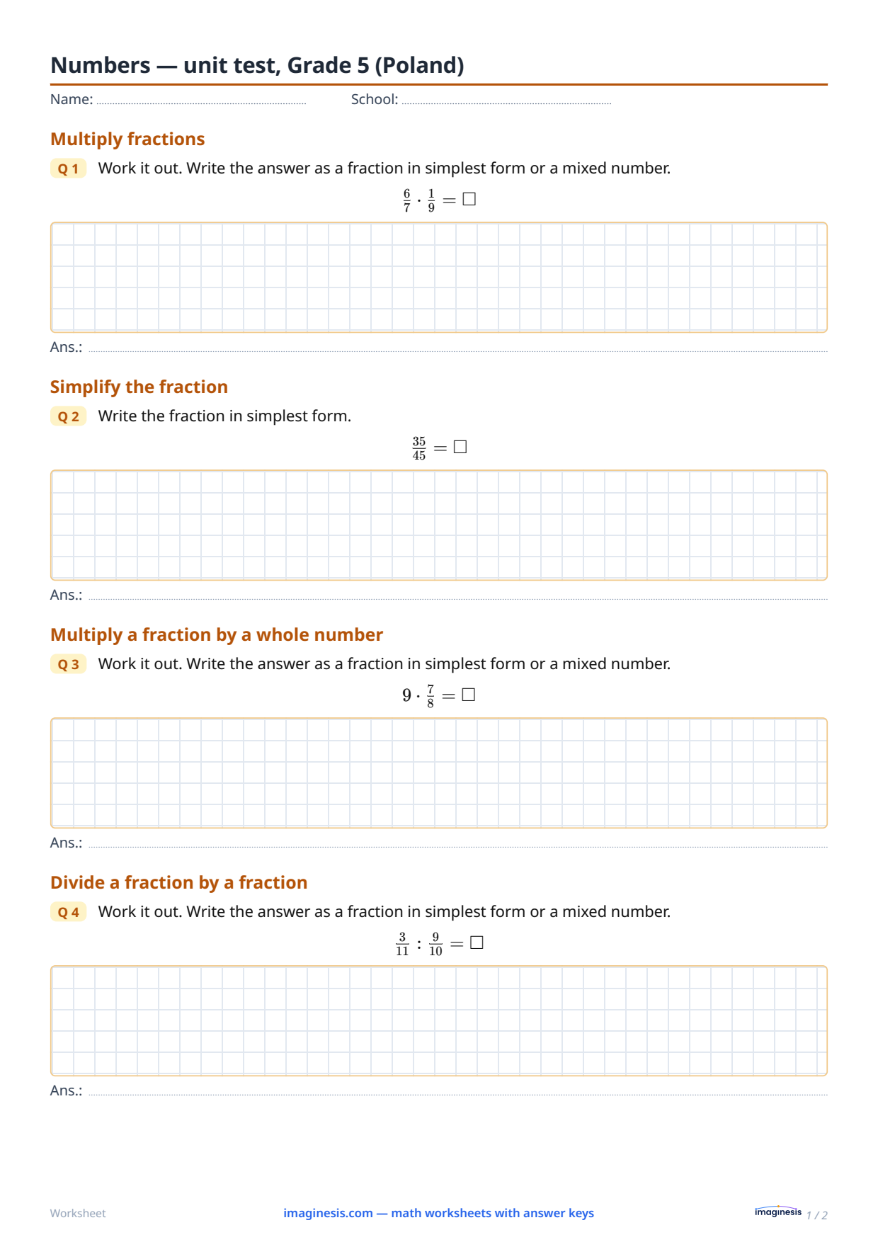 Numbers — unit test, Grade 5 (Poland) — Student sheet: printable math worksheet (Grade 5, Poland)