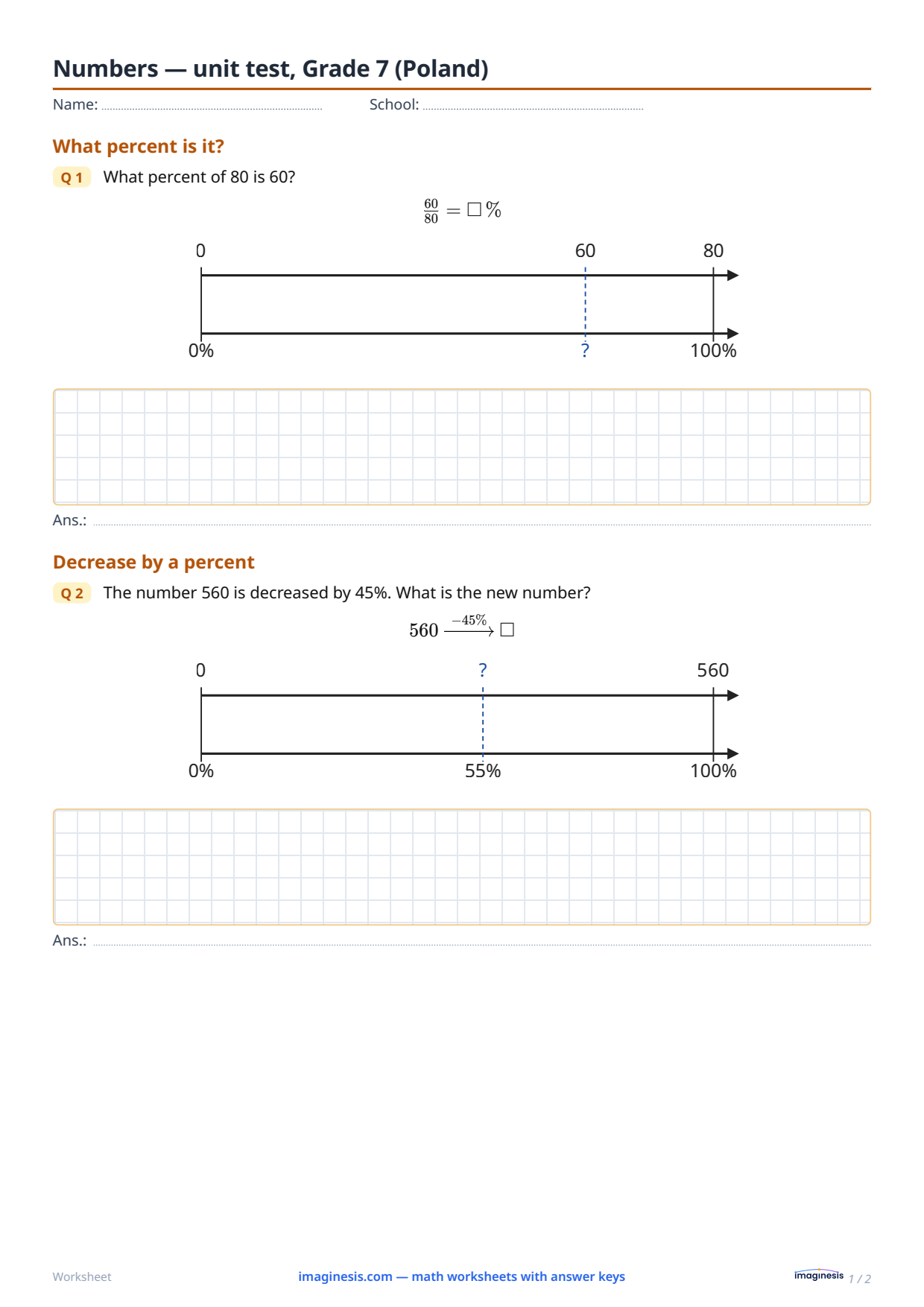 Numbers — unit test, Grade 7 (Poland) — Student sheet: printable math worksheet (Grade 7, Poland)