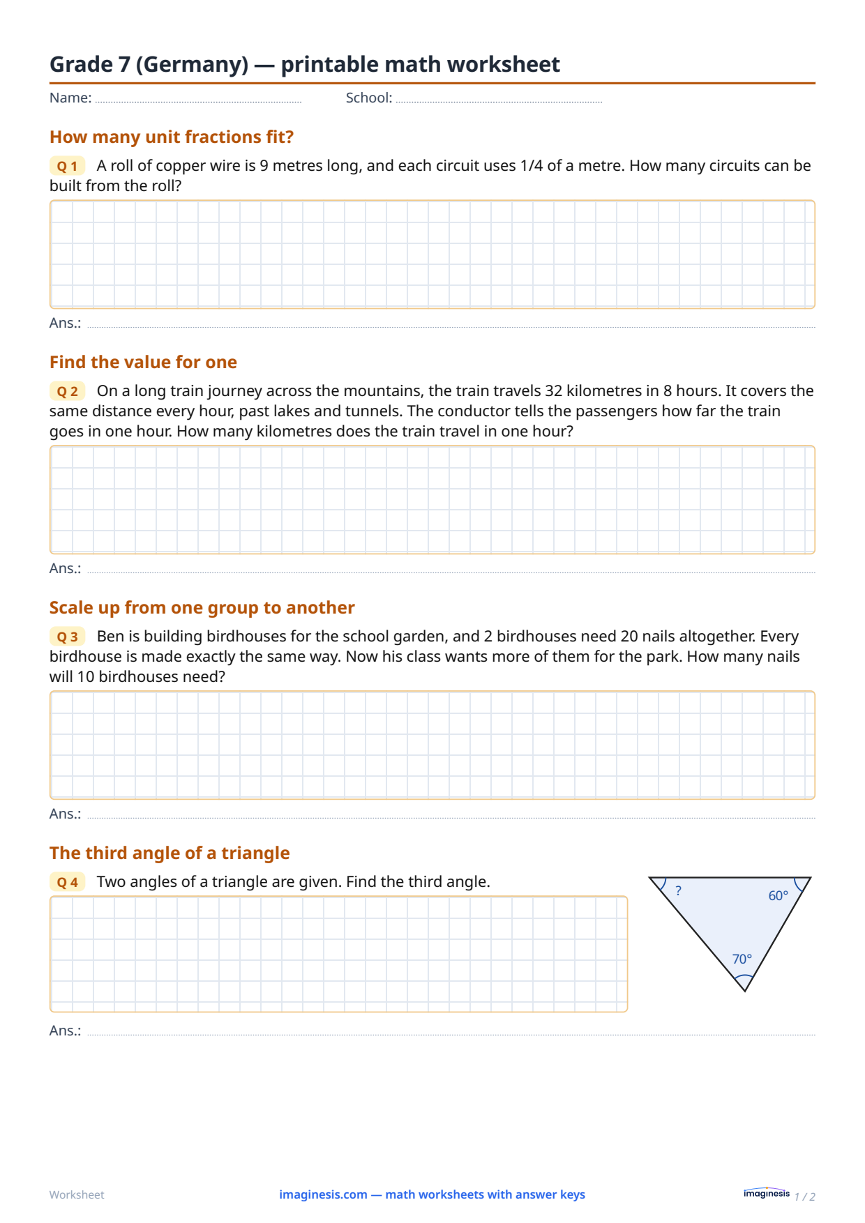 Grade 7 (Germany) — printable math worksheet — Student sheet: printable math worksheet (Grade 7, Germany)