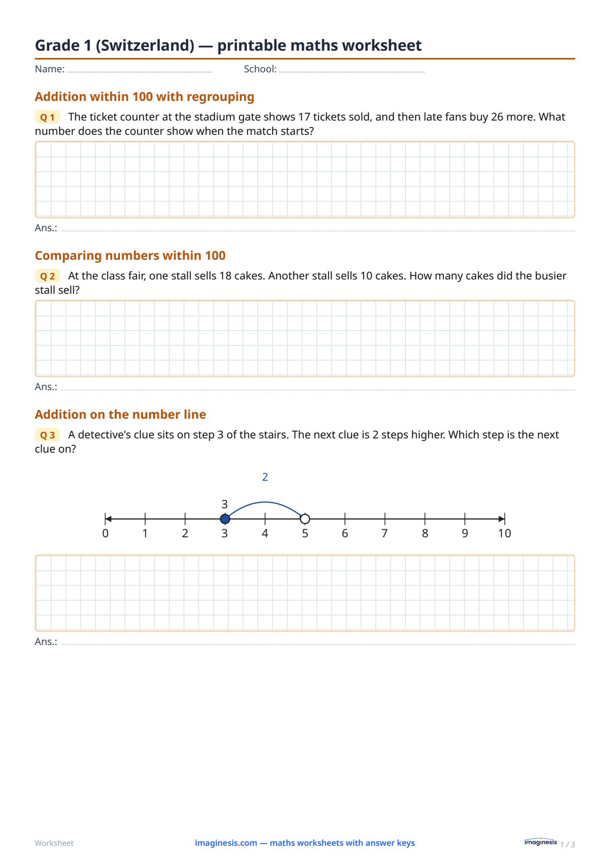 Grade 1 (Switzerland) — printable math worksheet — Student sheet: printable math worksheet (Grade 1, Switzerland)