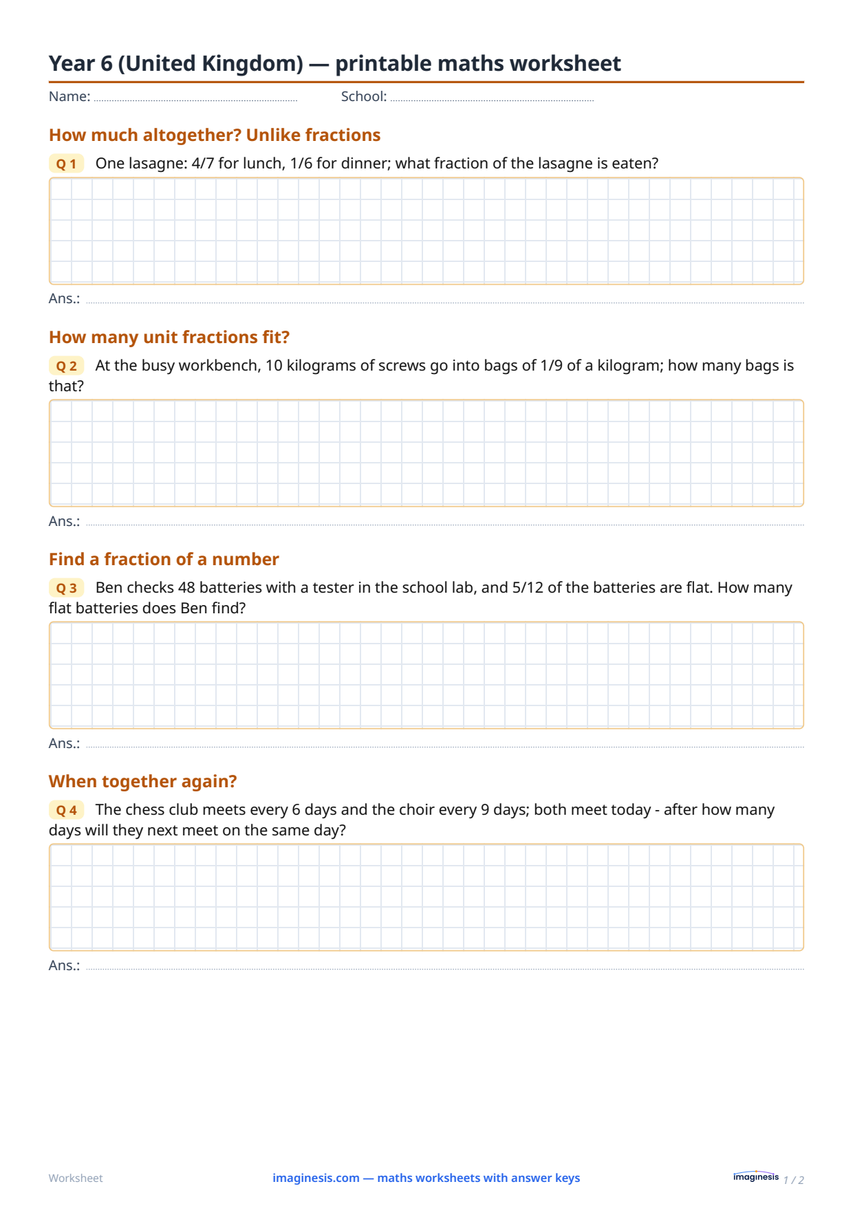 Year 6 (United Kingdom) — printable maths worksheet — Student sheet: printable math worksheet (Year 6, United Kingdom)
