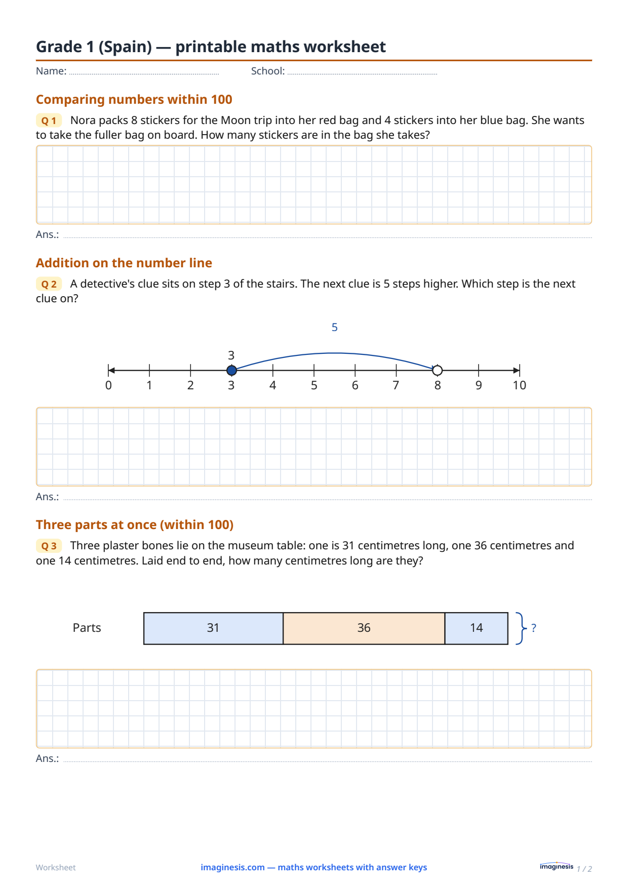 Grade 1 (Spain) — printable math worksheet — Student sheet: printable math worksheet (Grade 1, Spain)