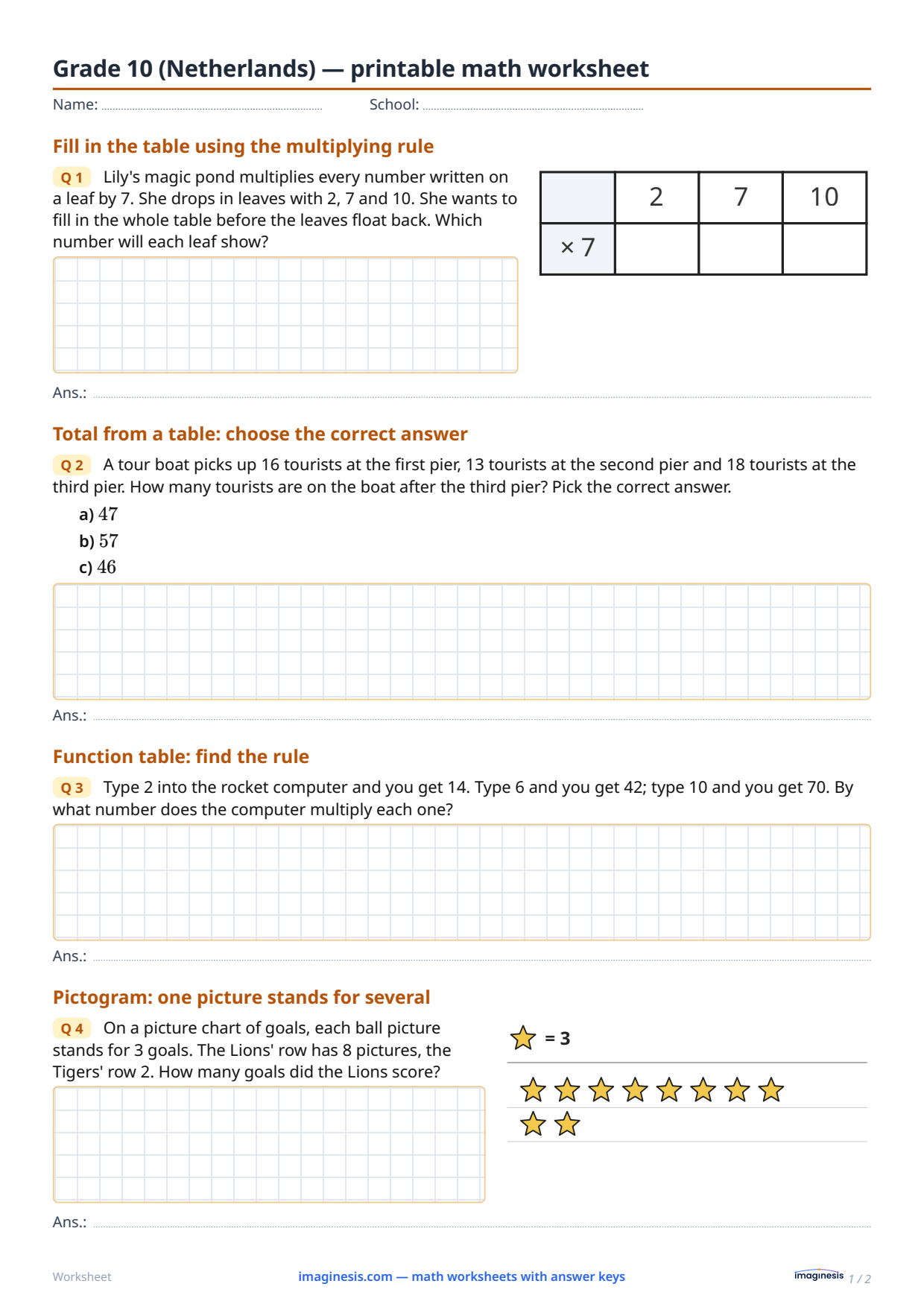 Grade 10 (Netherlands) — printable math worksheet — Student sheet: printable math worksheet (Grade 10, Netherlands)