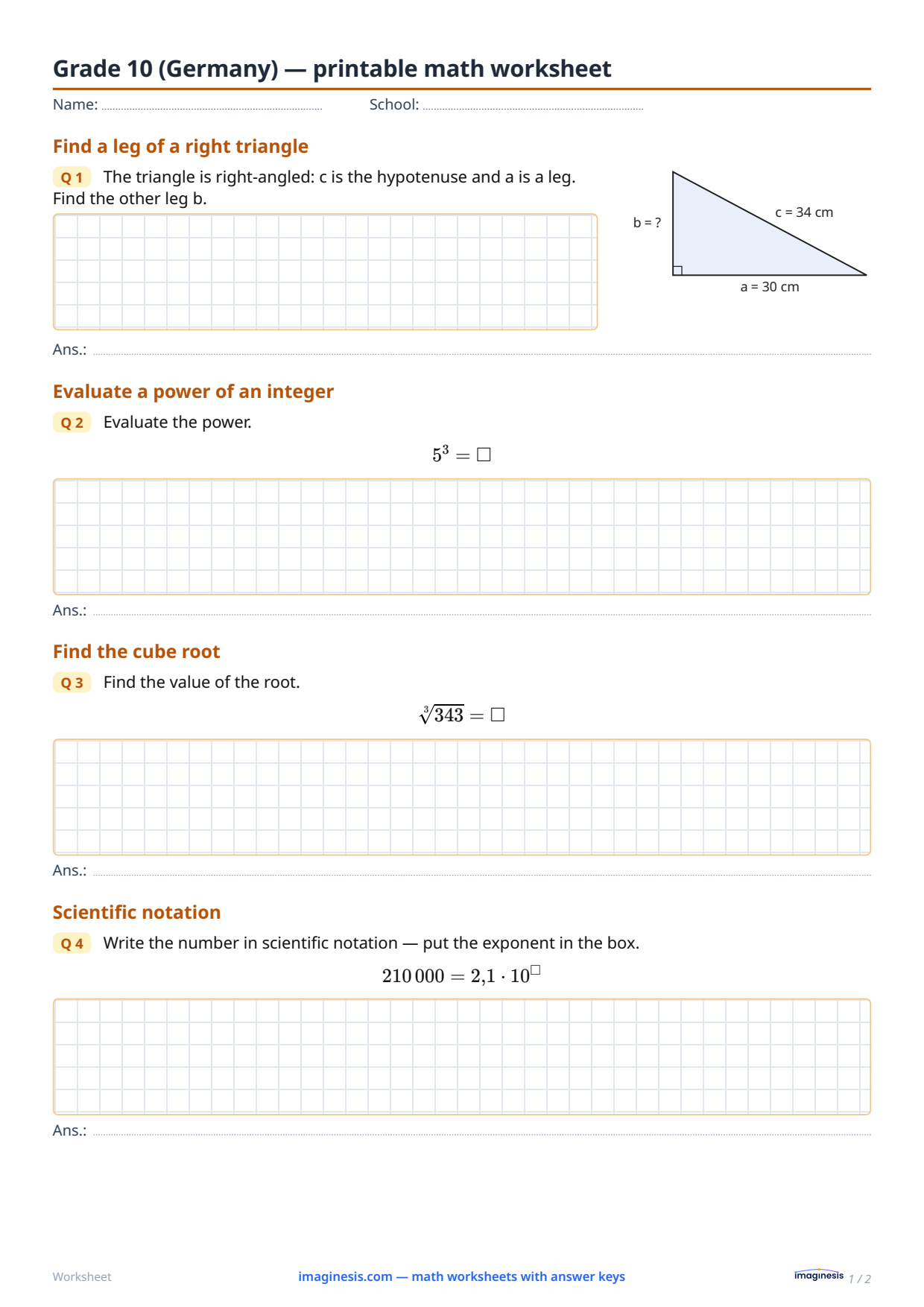 Grade 10 (Germany) — printable math worksheet — Student sheet: printable math worksheet (Grade 10, Germany)