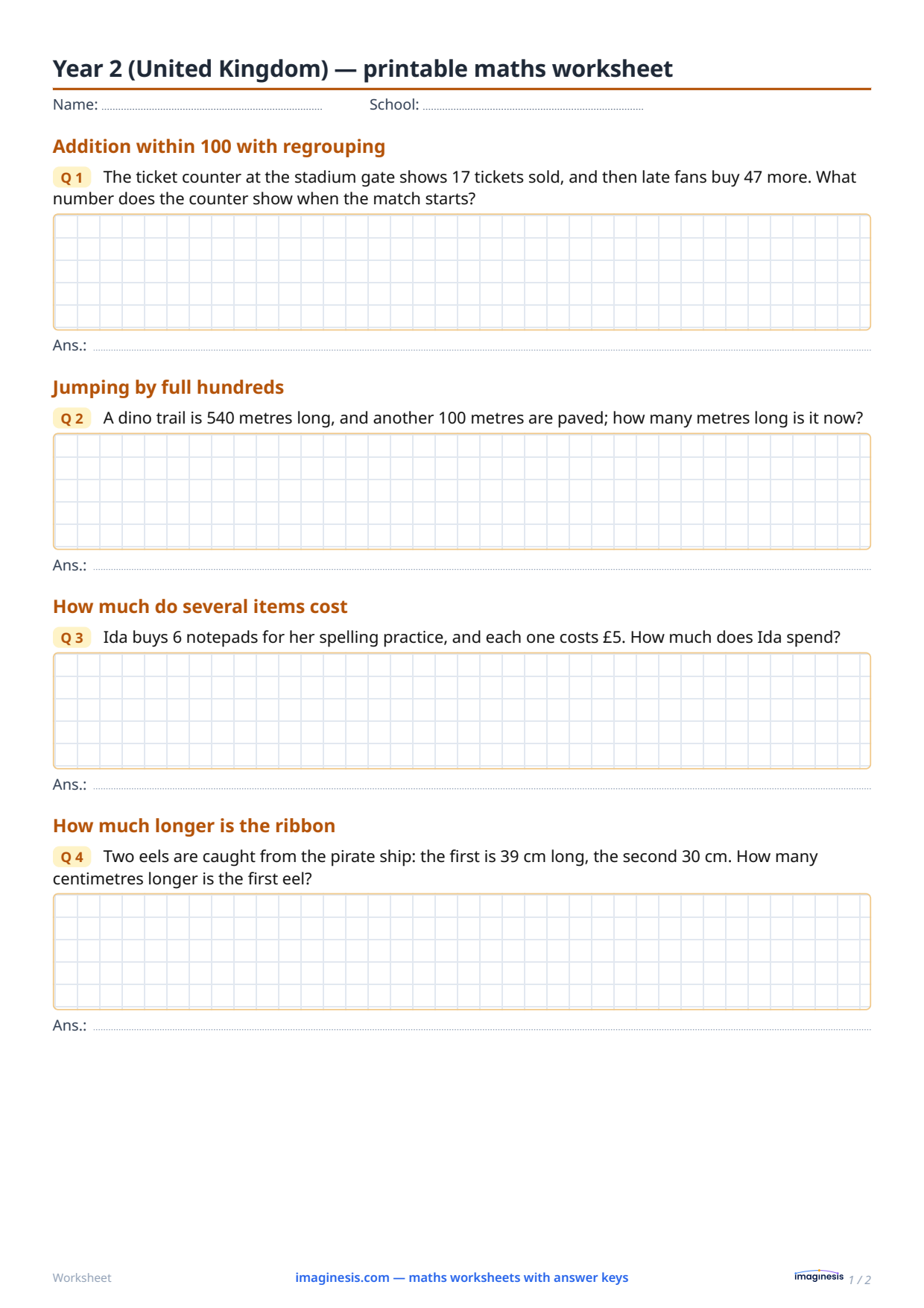 Year 2 (United Kingdom) — printable maths worksheet — Student sheet: printable math worksheet (Year 2, United Kingdom)