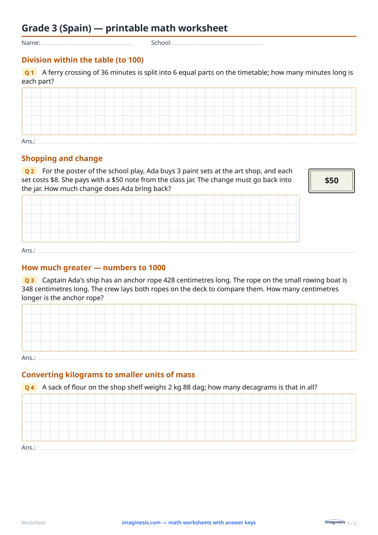 Grade 3 (Spain) — printable math worksheet — Student sheet: printable math worksheet (Grade 3, Spain)
