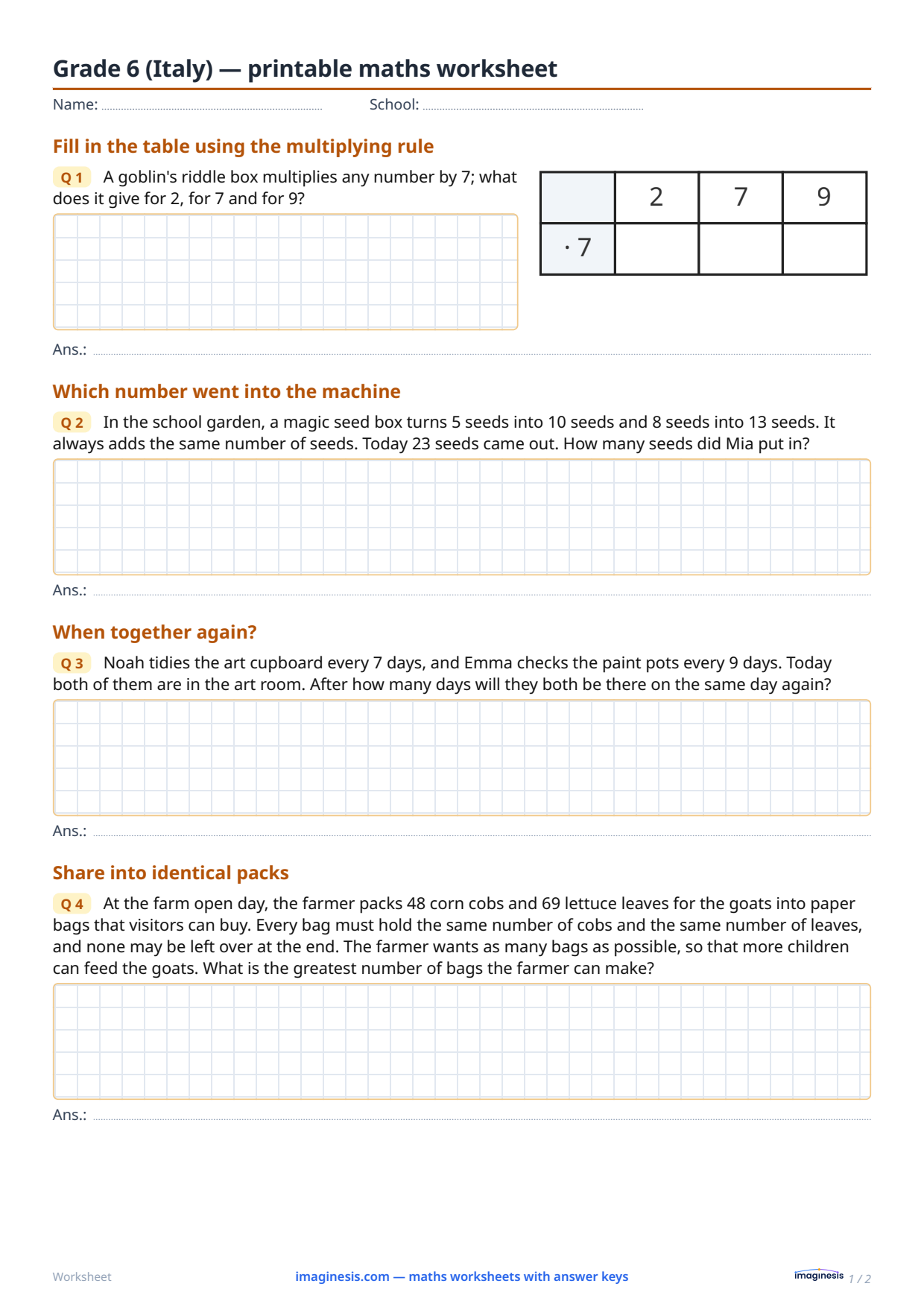 Grade 6 (Italy) — printable math worksheet — Student sheet: printable math worksheet (Grade 6, Italy)