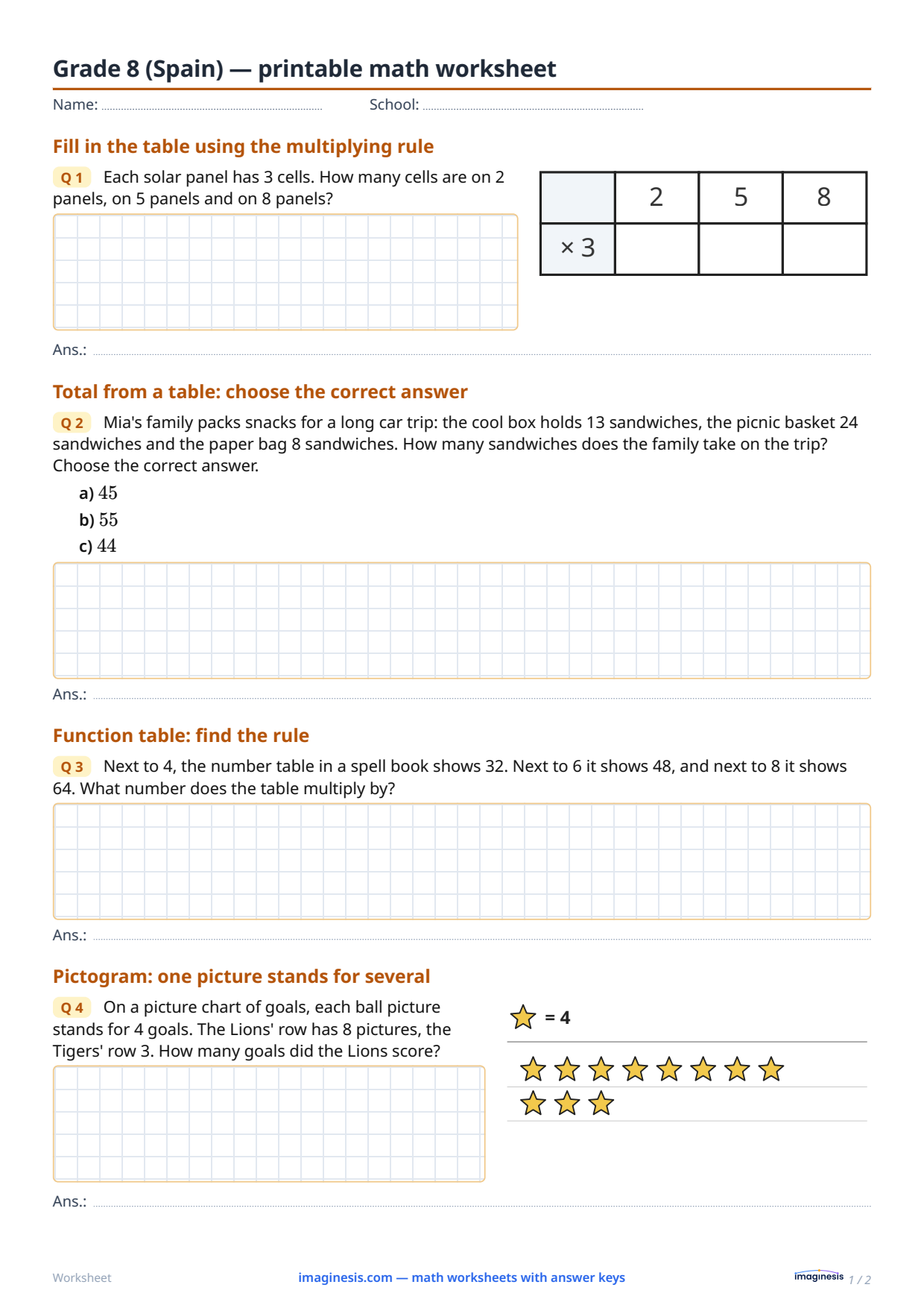 Grade 8 (Spain) — printable math worksheet — Student sheet: printable math worksheet (Grade 8, Spain)