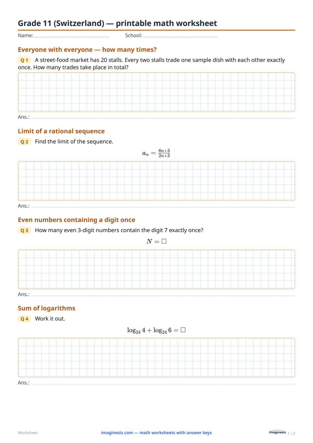 Grade 11 (Switzerland) — printable math worksheet — Student sheet: printable math worksheet (Grade 11, Switzerland)