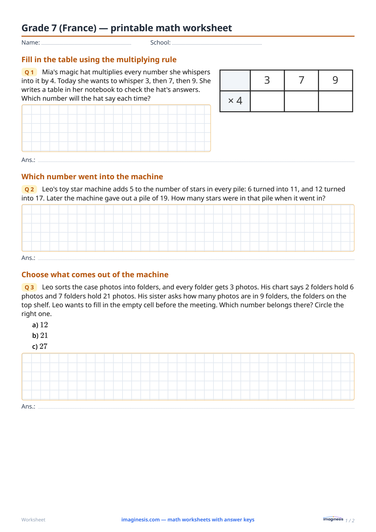 Grade 7 (France) — printable math worksheet — Student sheet: printable math worksheet (Grade 7, France)