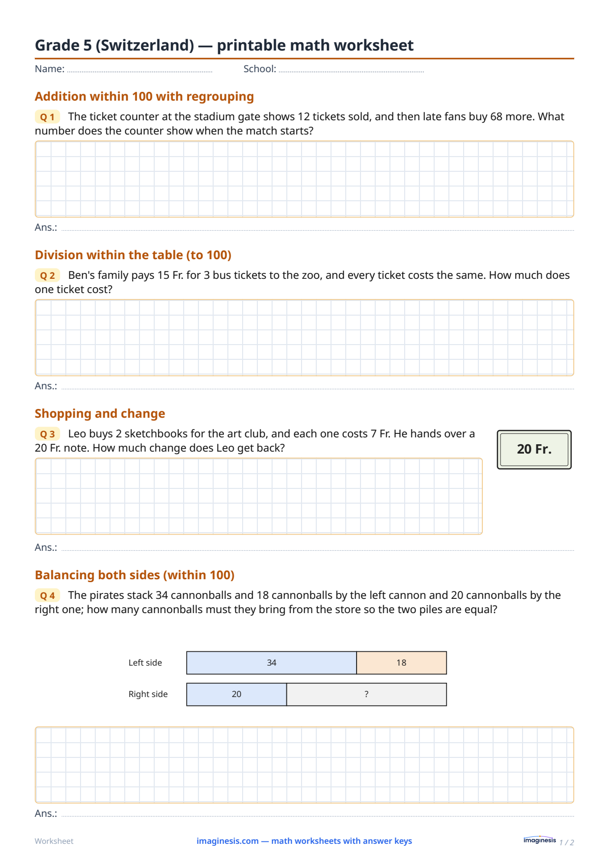 Grade 5 (Switzerland) — printable math worksheet — Student sheet: printable math worksheet (Grade 5, Switzerland)