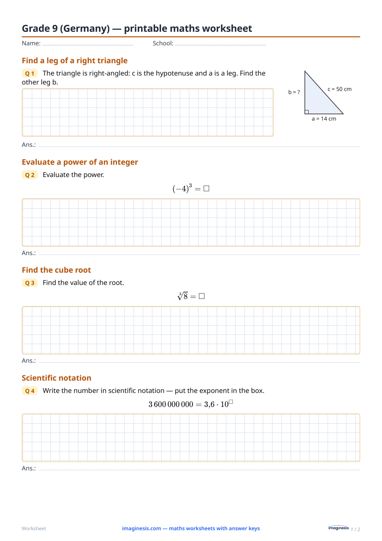 Grade 9 (Germany) — printable math worksheet — Student sheet: printable math worksheet (Grade 9, Germany)