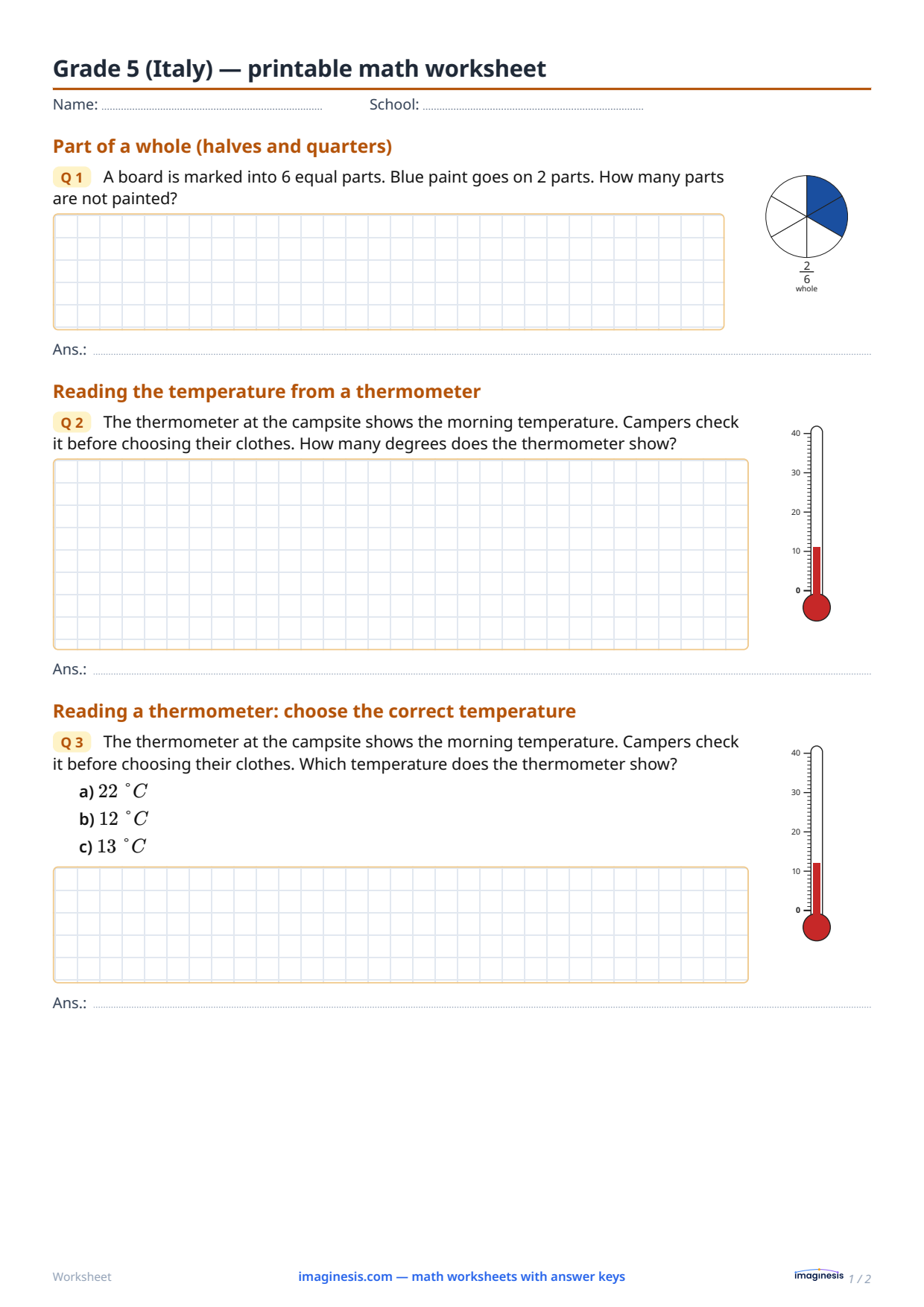 Grade 5 (Italy) — printable math worksheet — Student sheet: printable math worksheet (Grade 5, Italy)