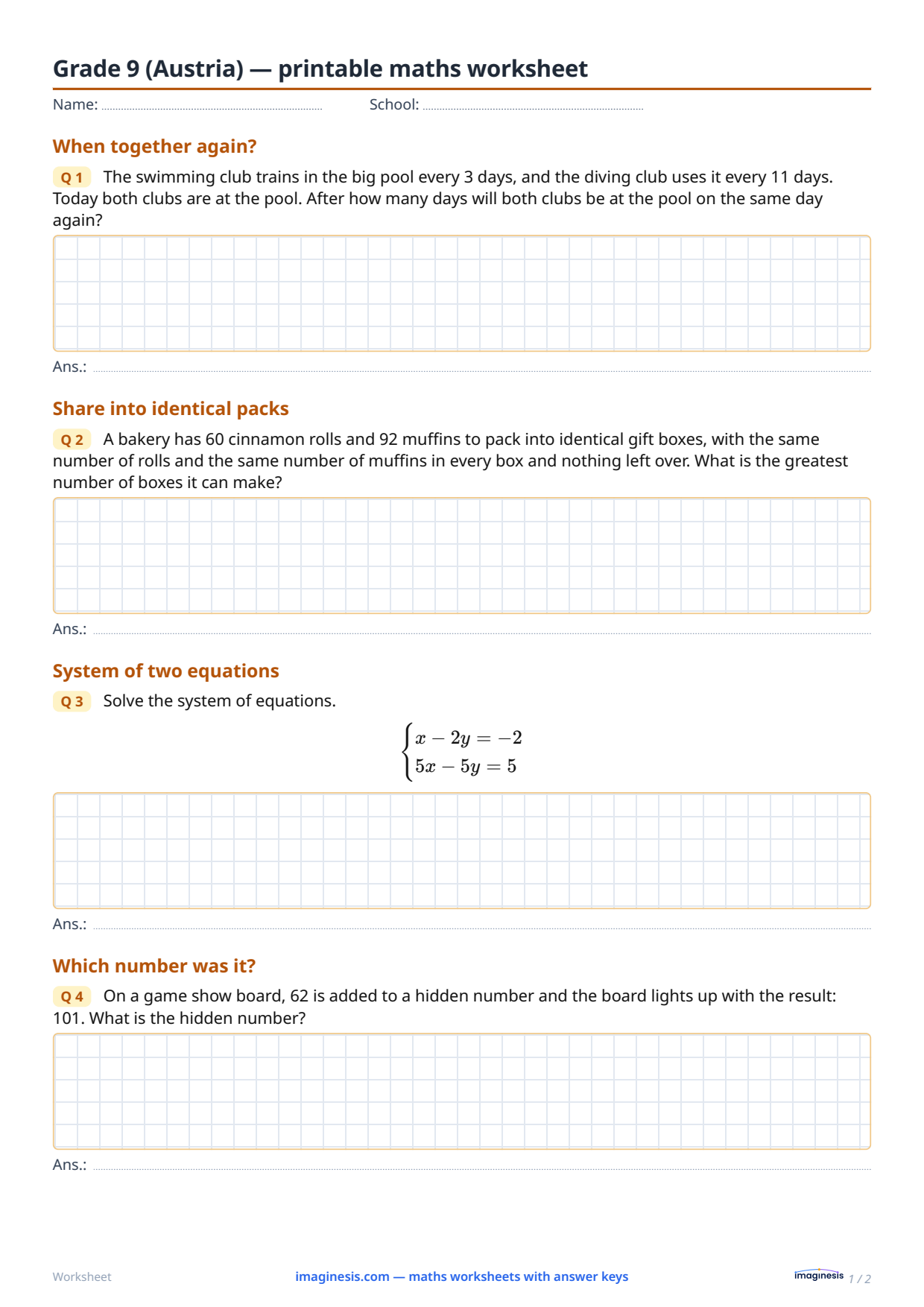 Grade 9 (Austria) — printable math worksheet — Student sheet: printable math worksheet (Grade 9, Austria)