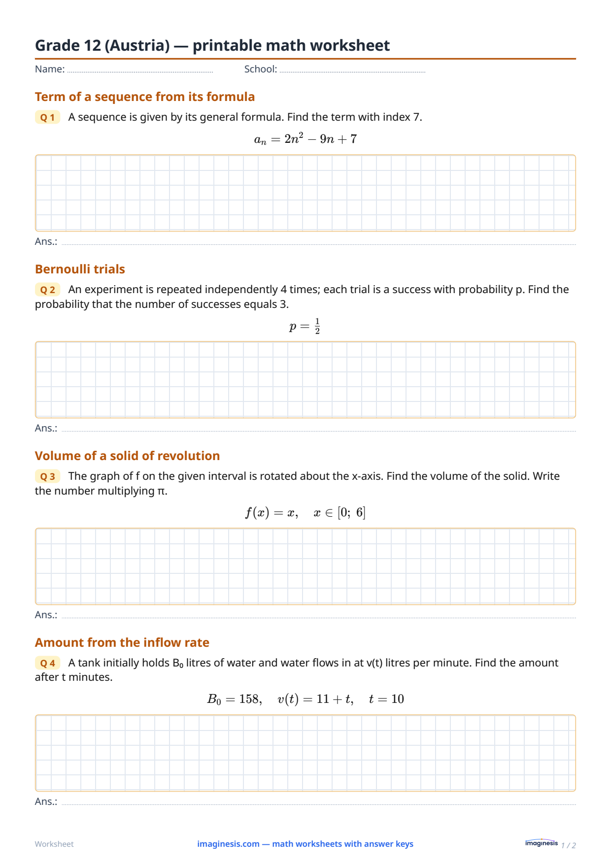 Grade 12 (Austria) — printable math worksheet — Student sheet: printable math worksheet (Grade 12, Austria)